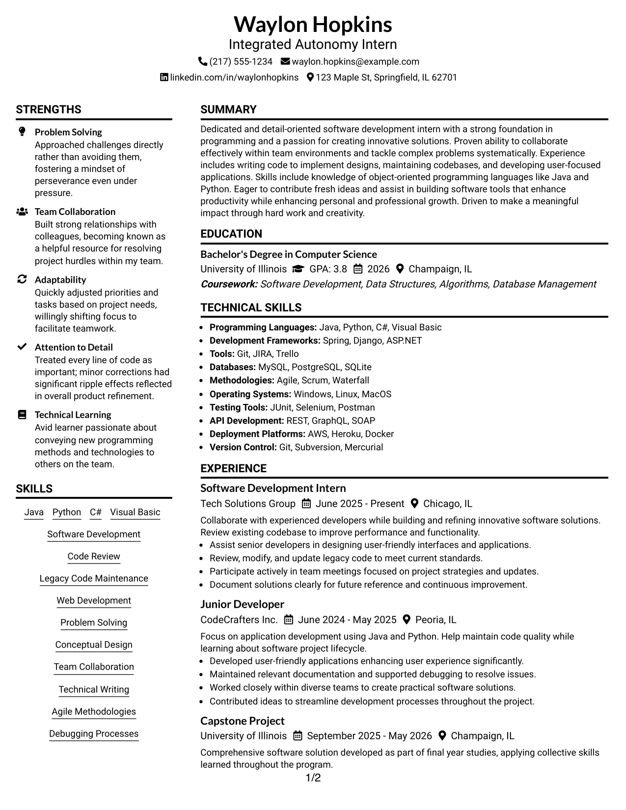 Resume Example Page 1