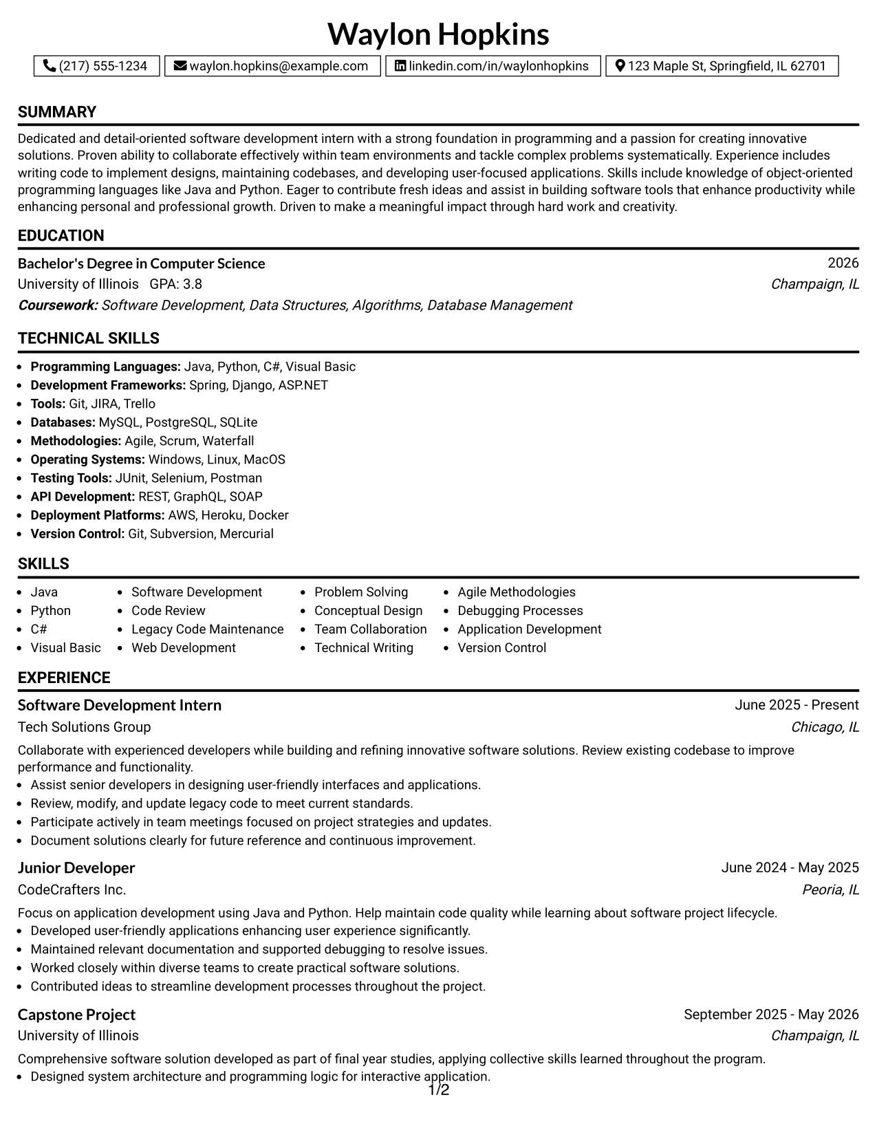 Resume Example Page 1