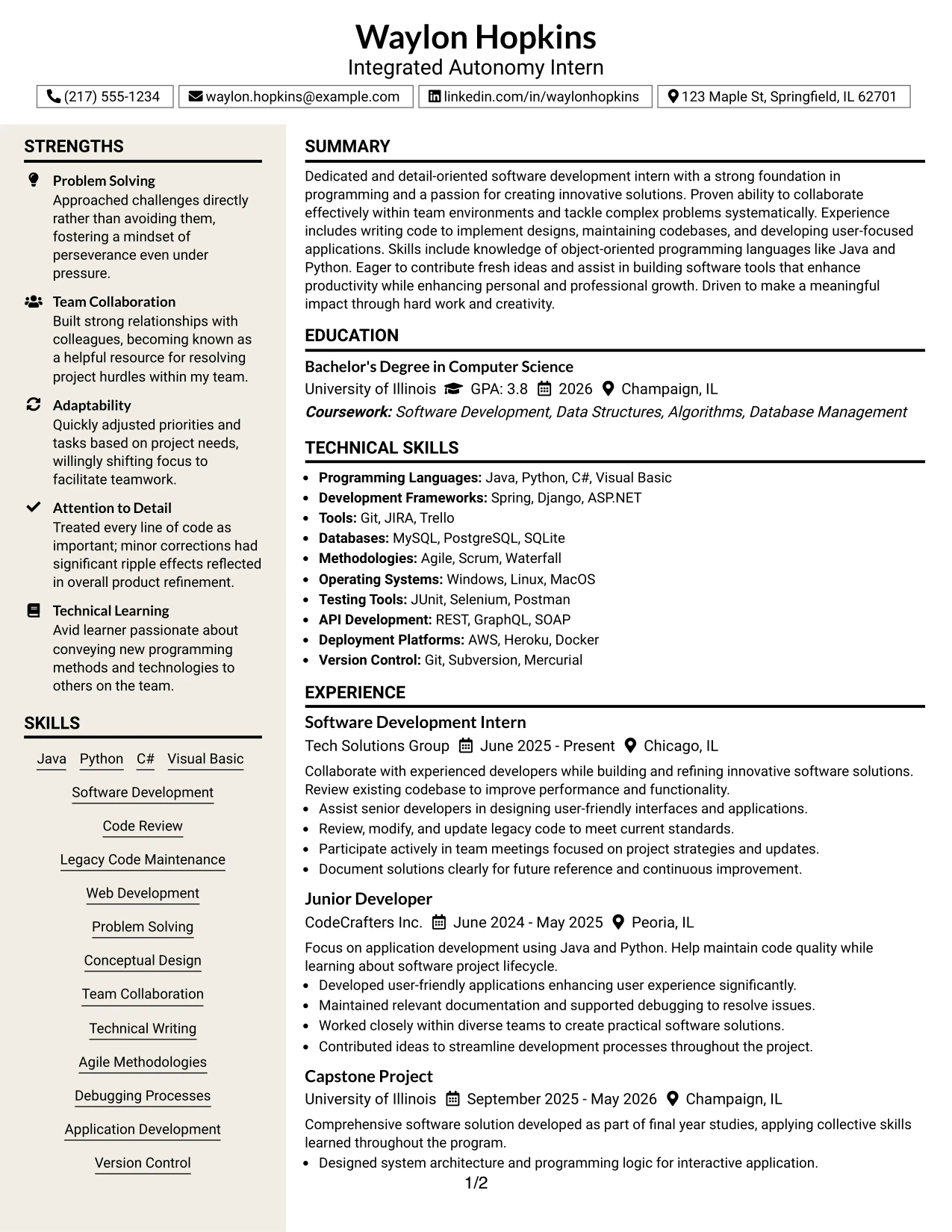 Resume Example Page 1