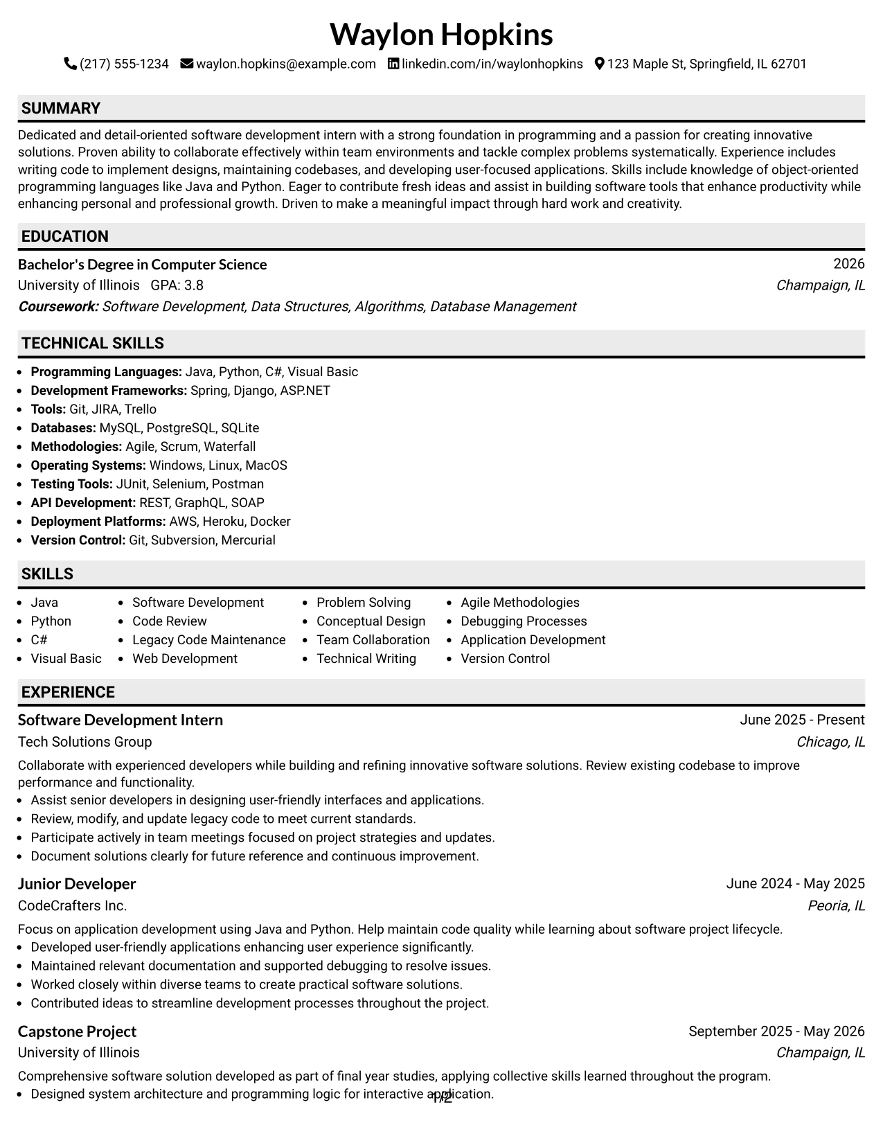 Resume Example Page 1