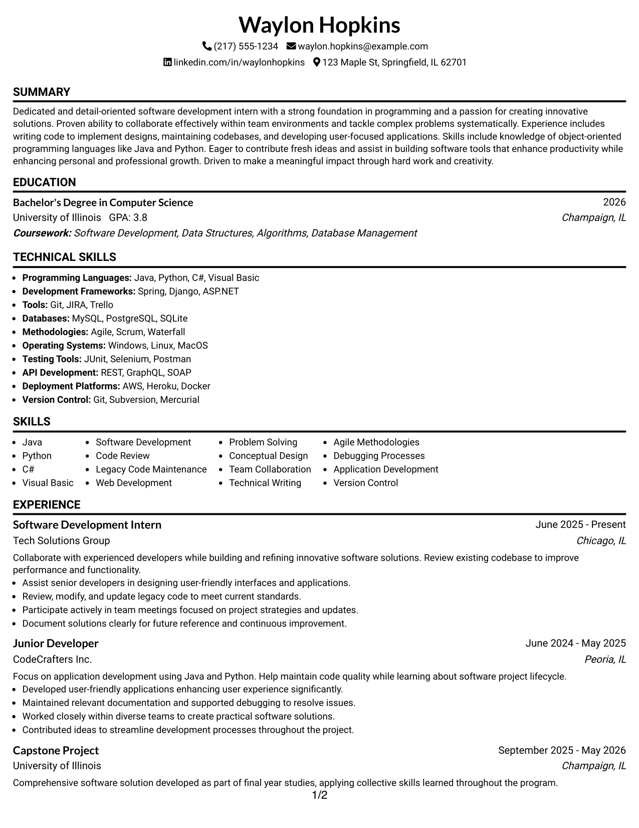 Resume Example Page 1