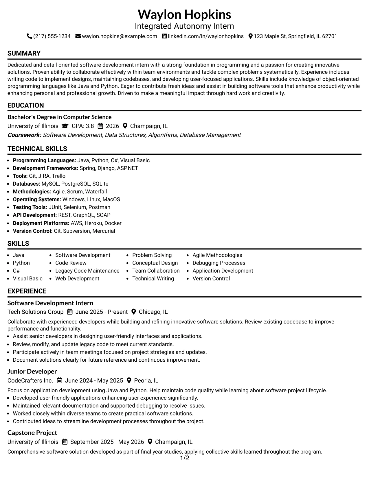 Resume Example Page 1