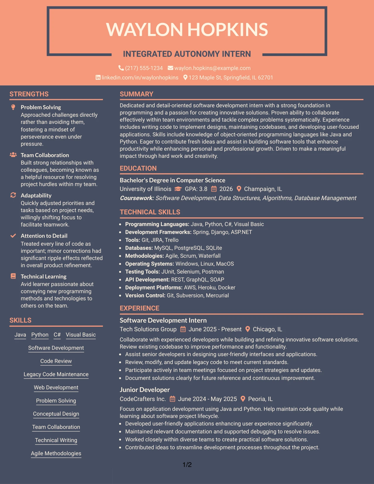 Resume Example Page 1