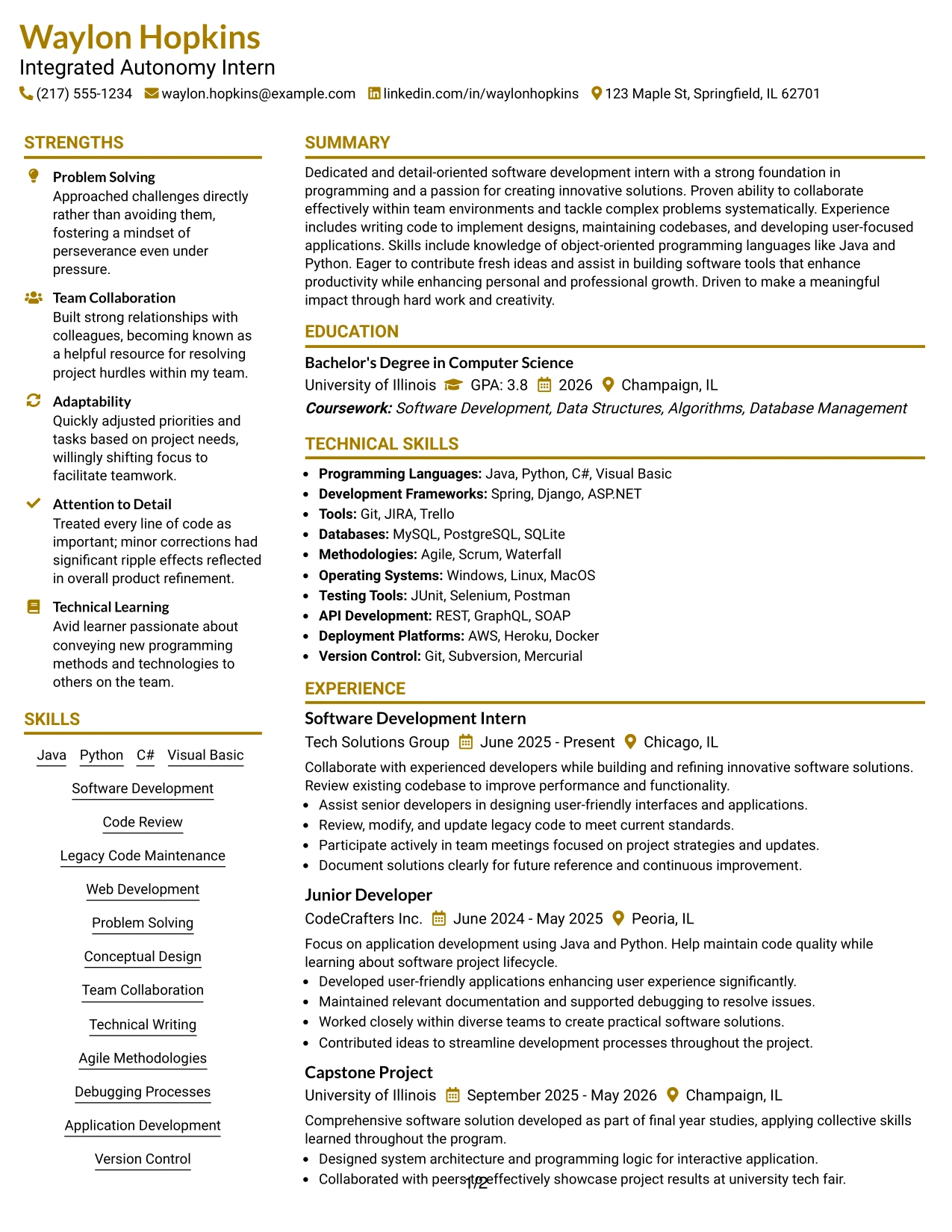 Resume Example Page 1