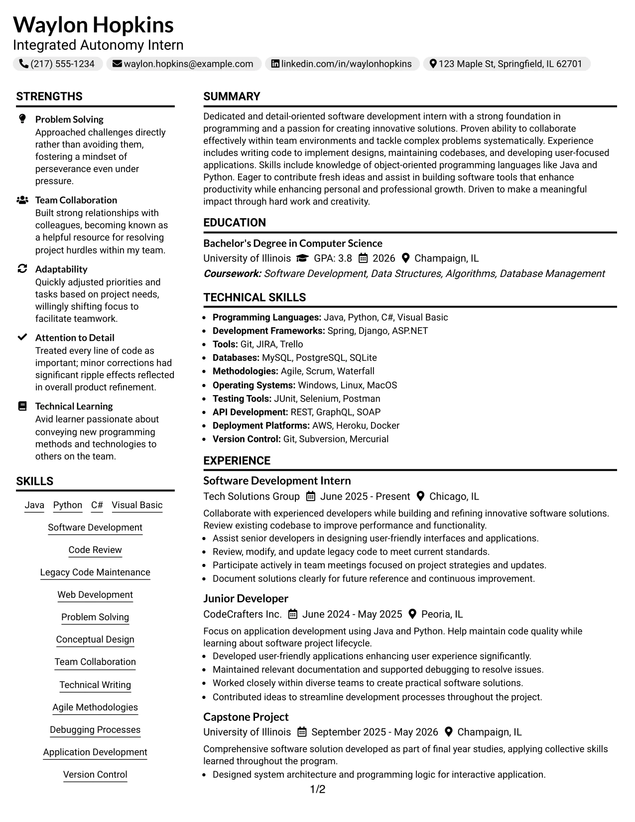 Resume Example Page 1