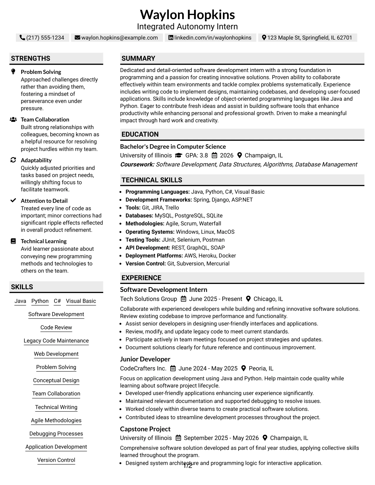 Resume Example Page 1