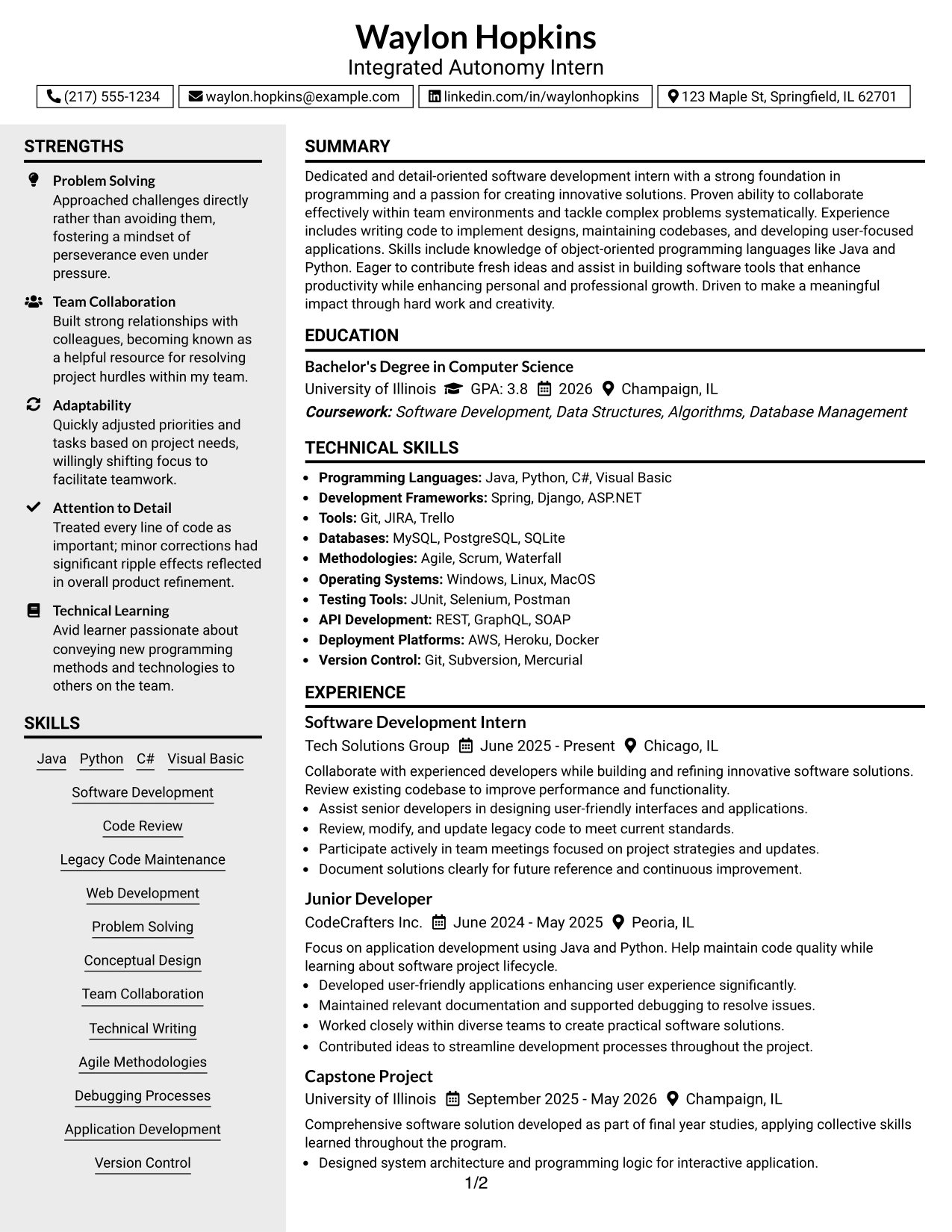 Resume Example Page 1