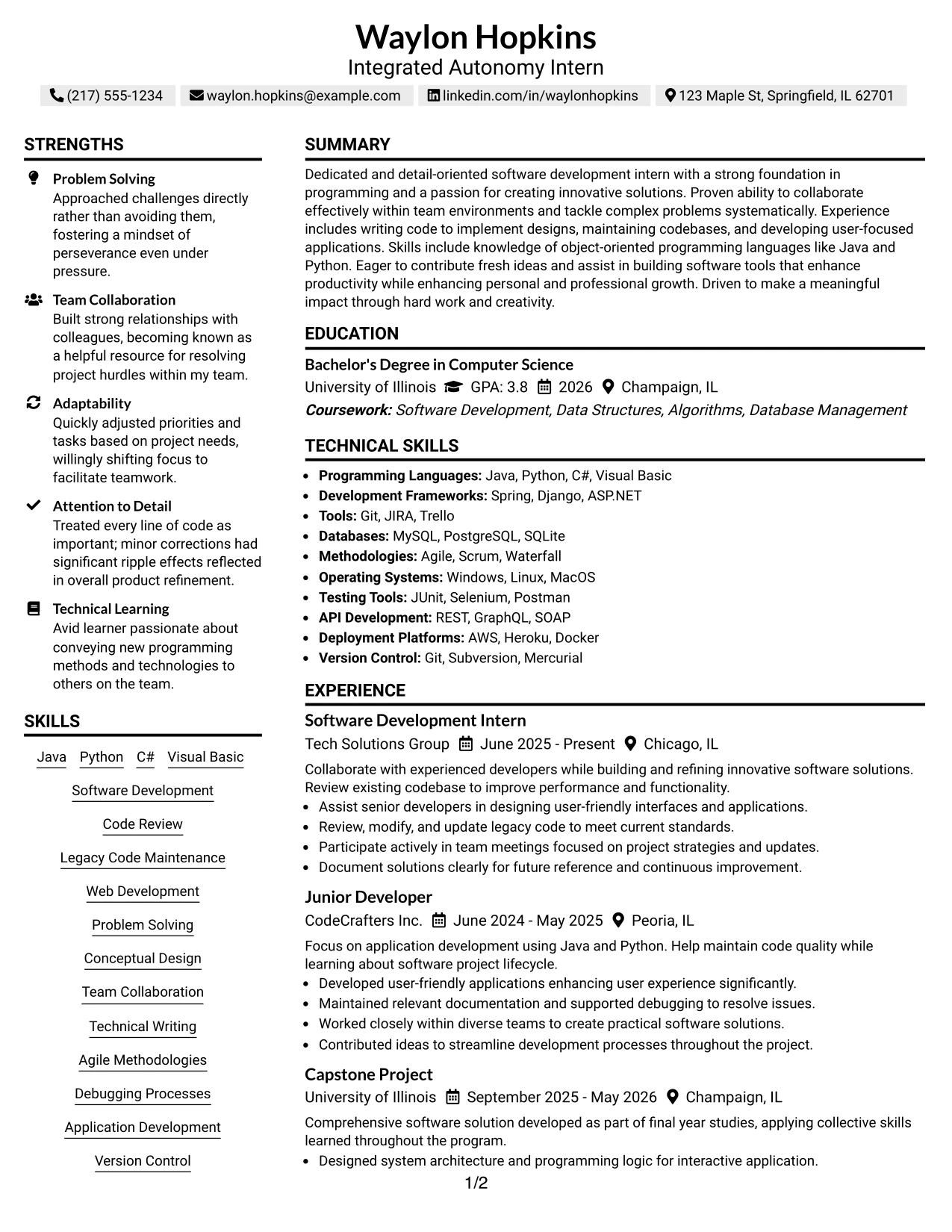 Resume Example Page 1