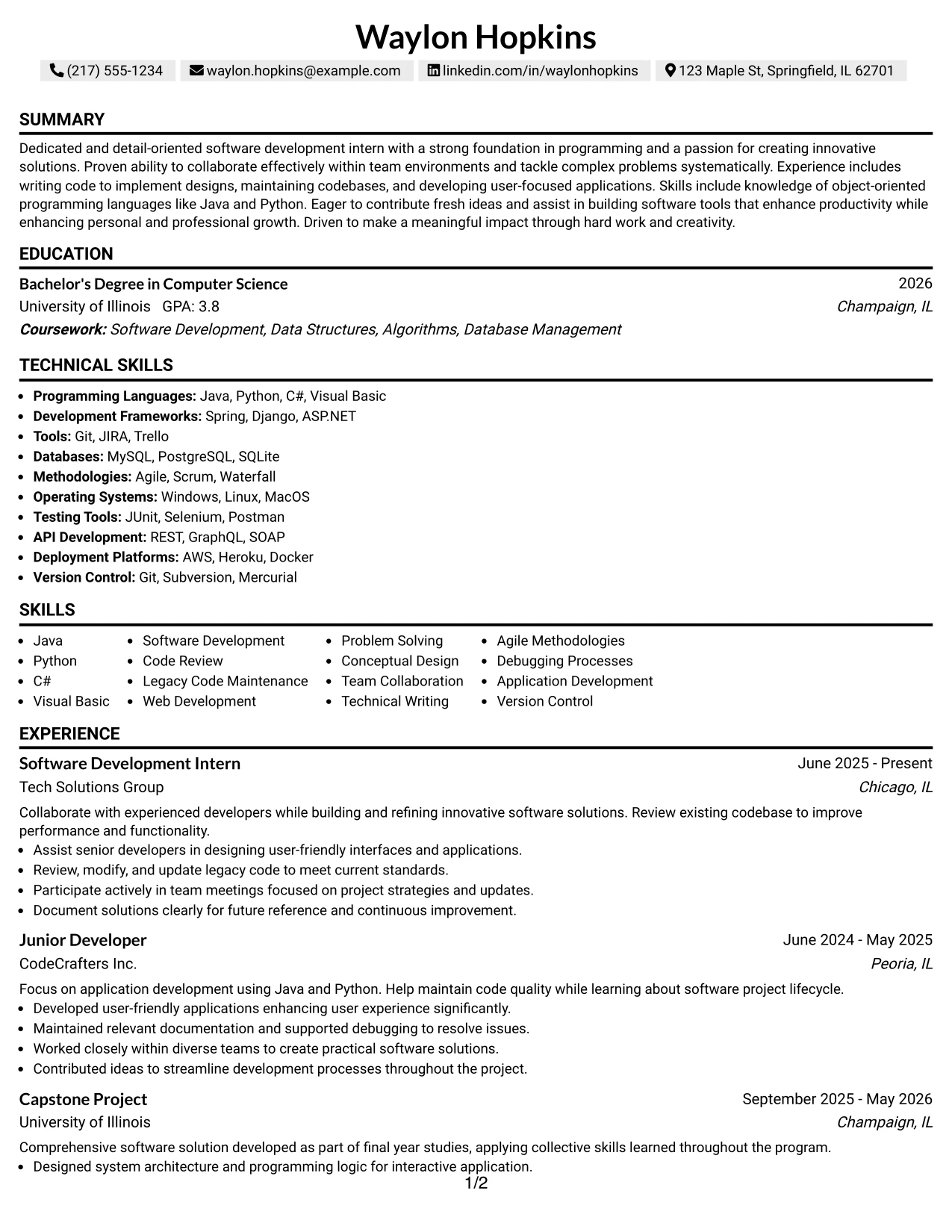 Resume Example Page 1