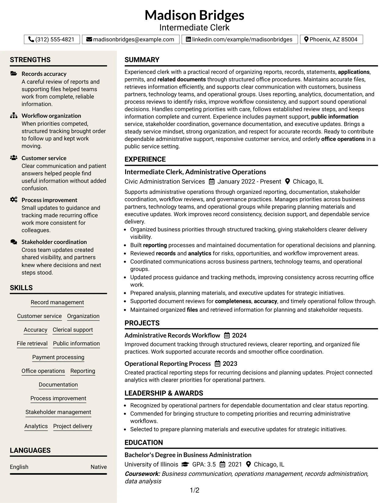 Resume Example Page 1