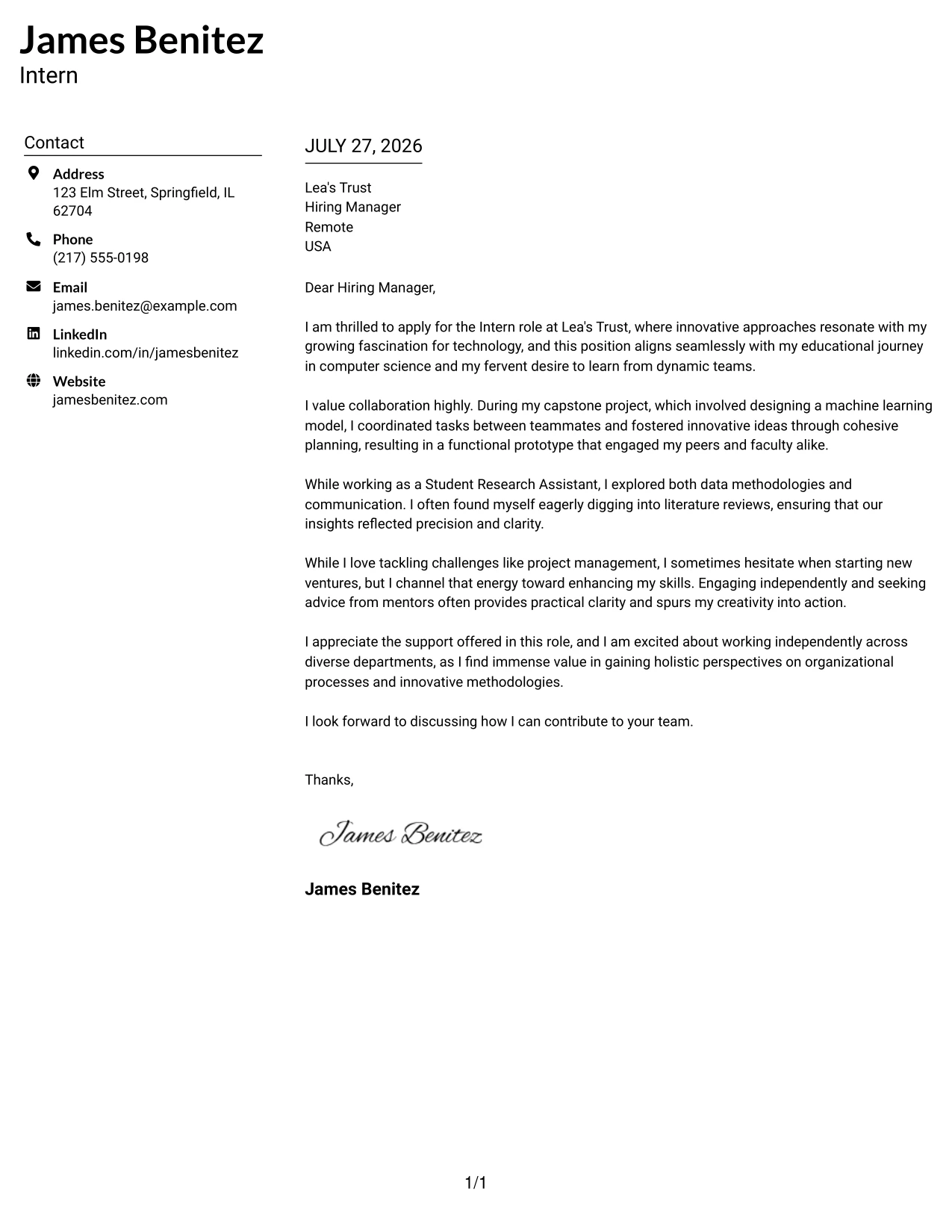 Resume Example Page 1