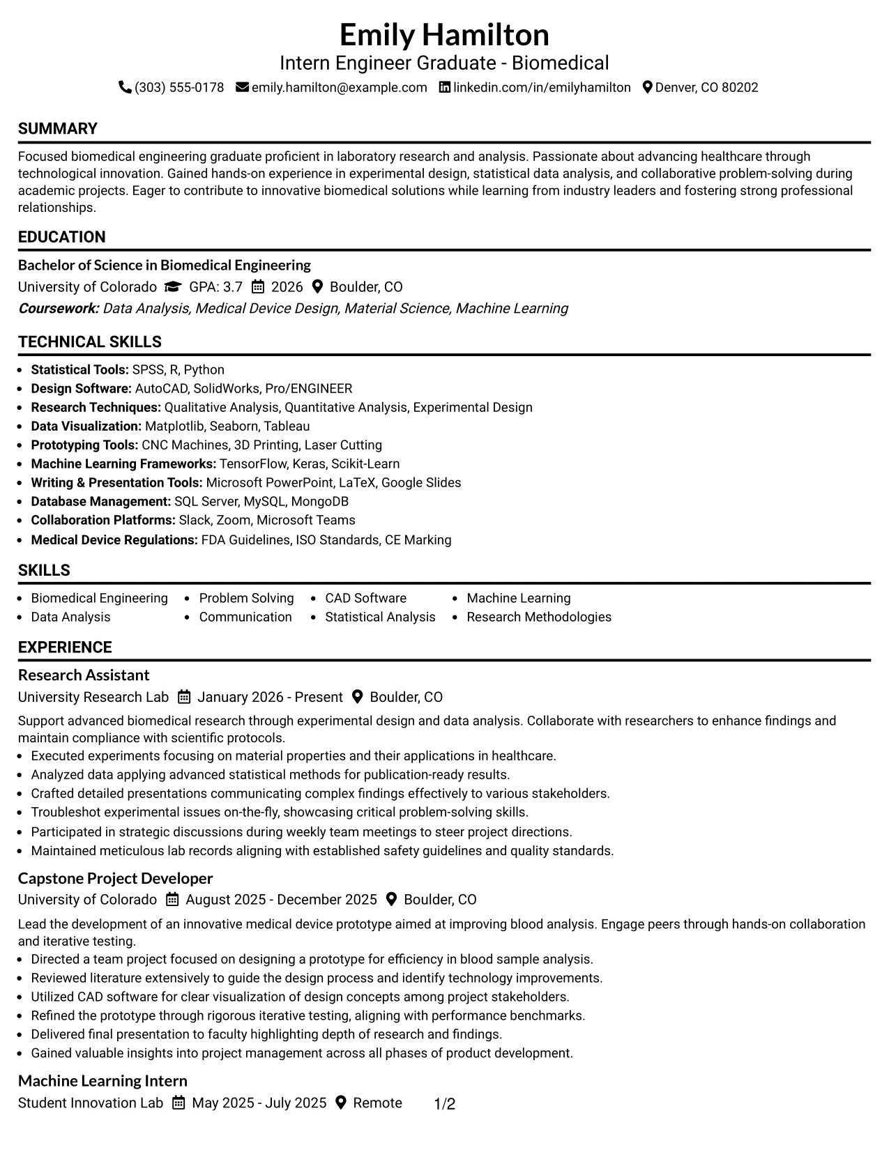 Resume Example Page 1