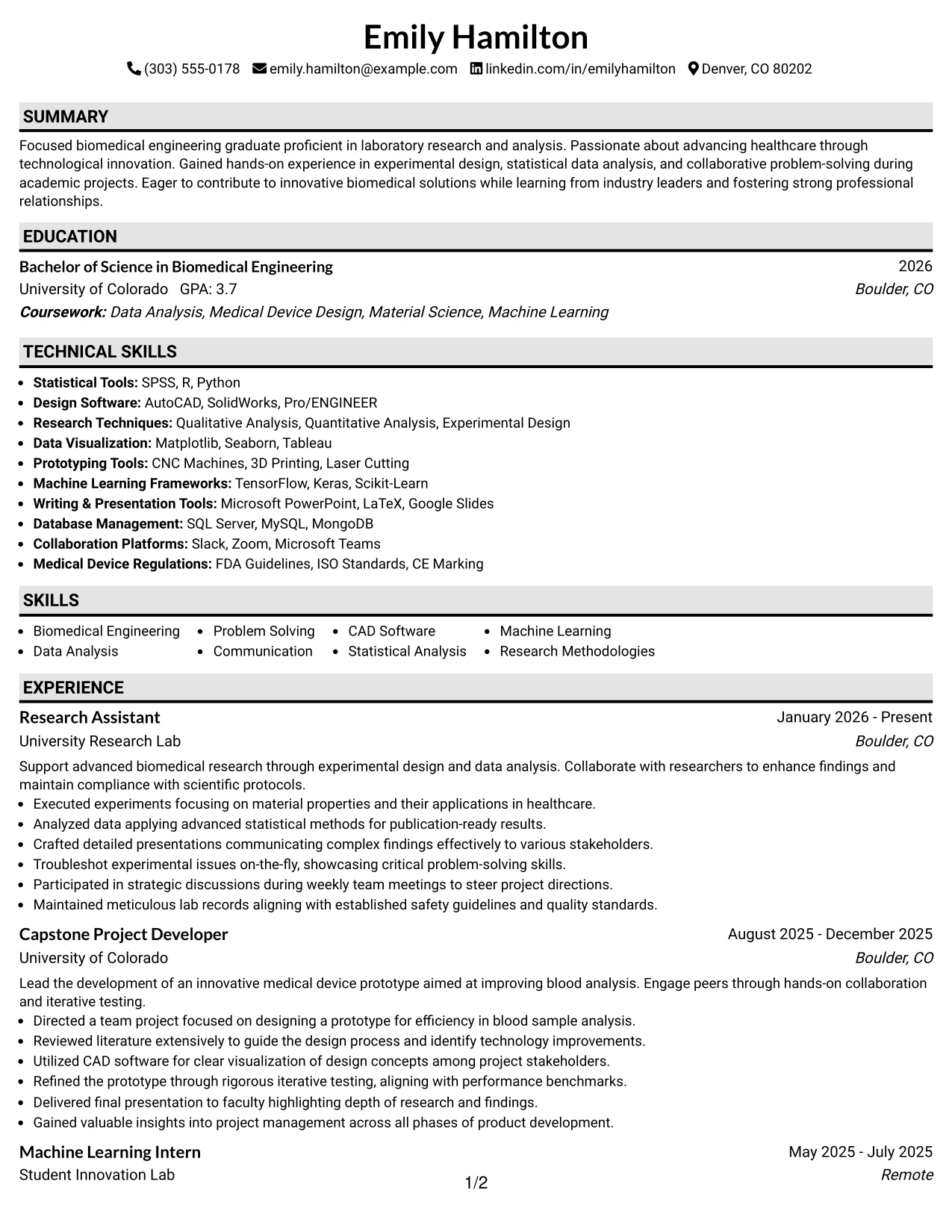 Resume Example Page 1