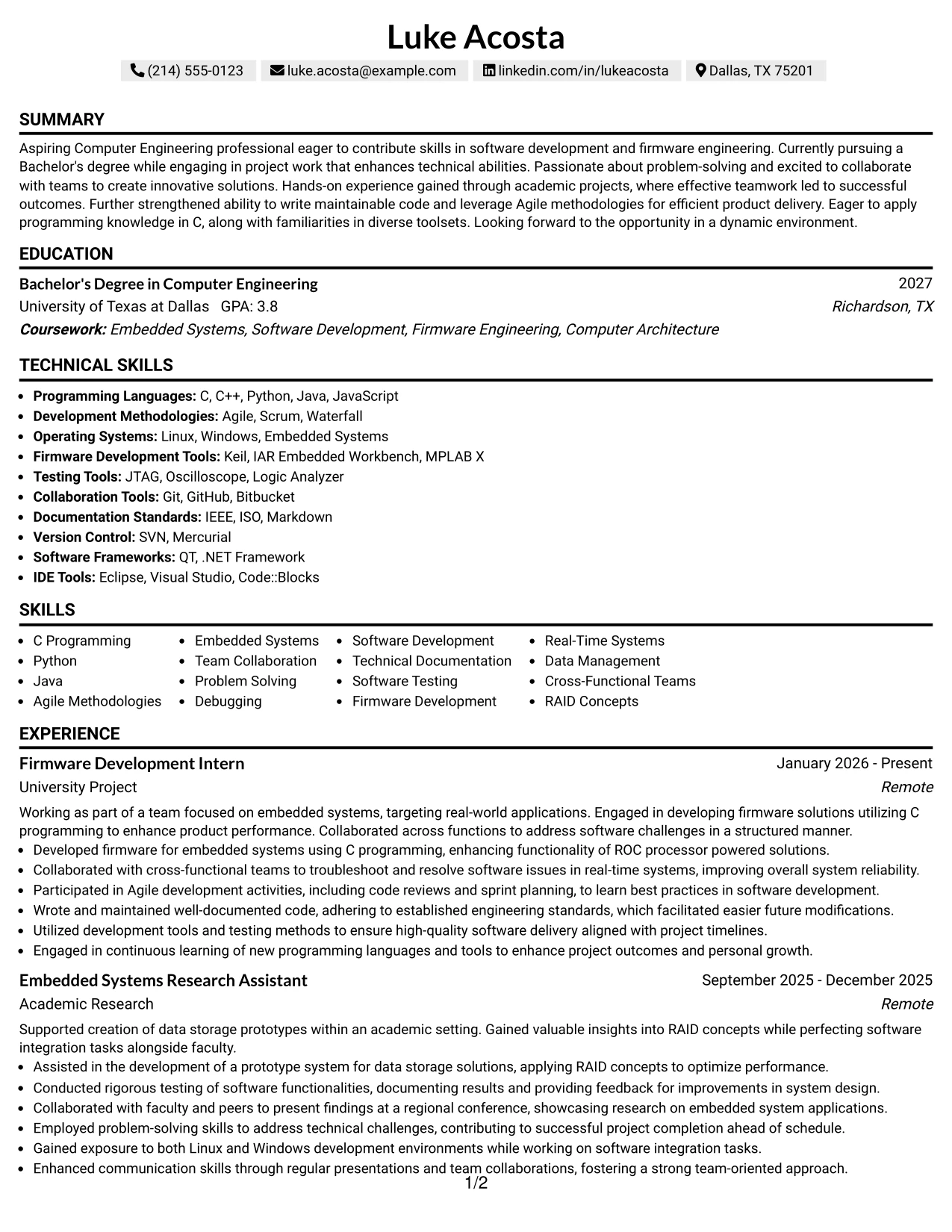 Resume Example Page 1
