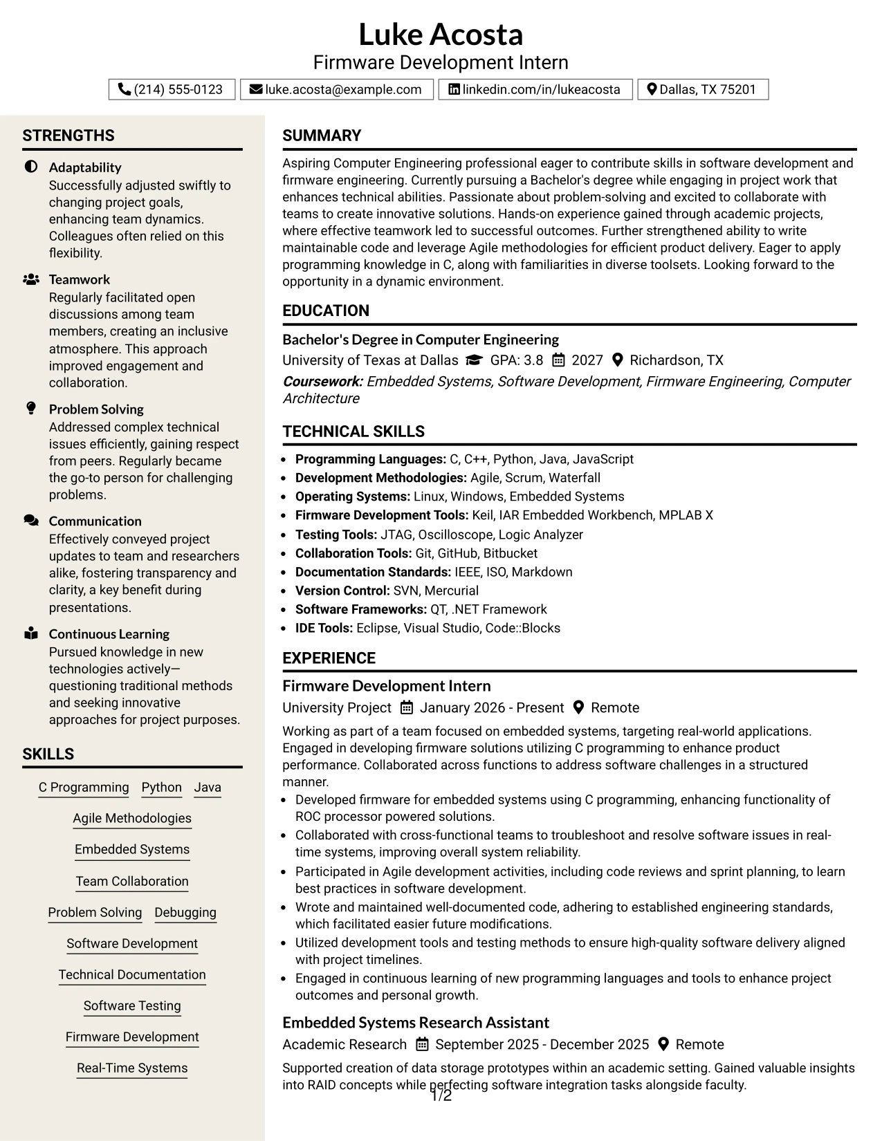 Resume Example Page 1