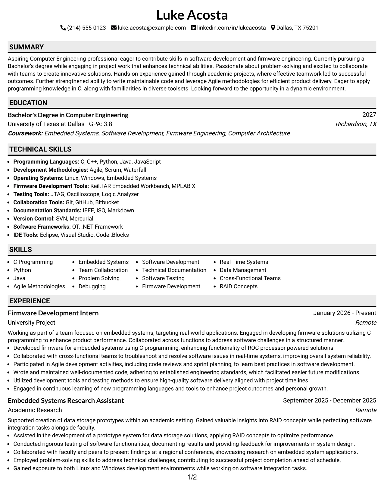 Resume Example Page 1