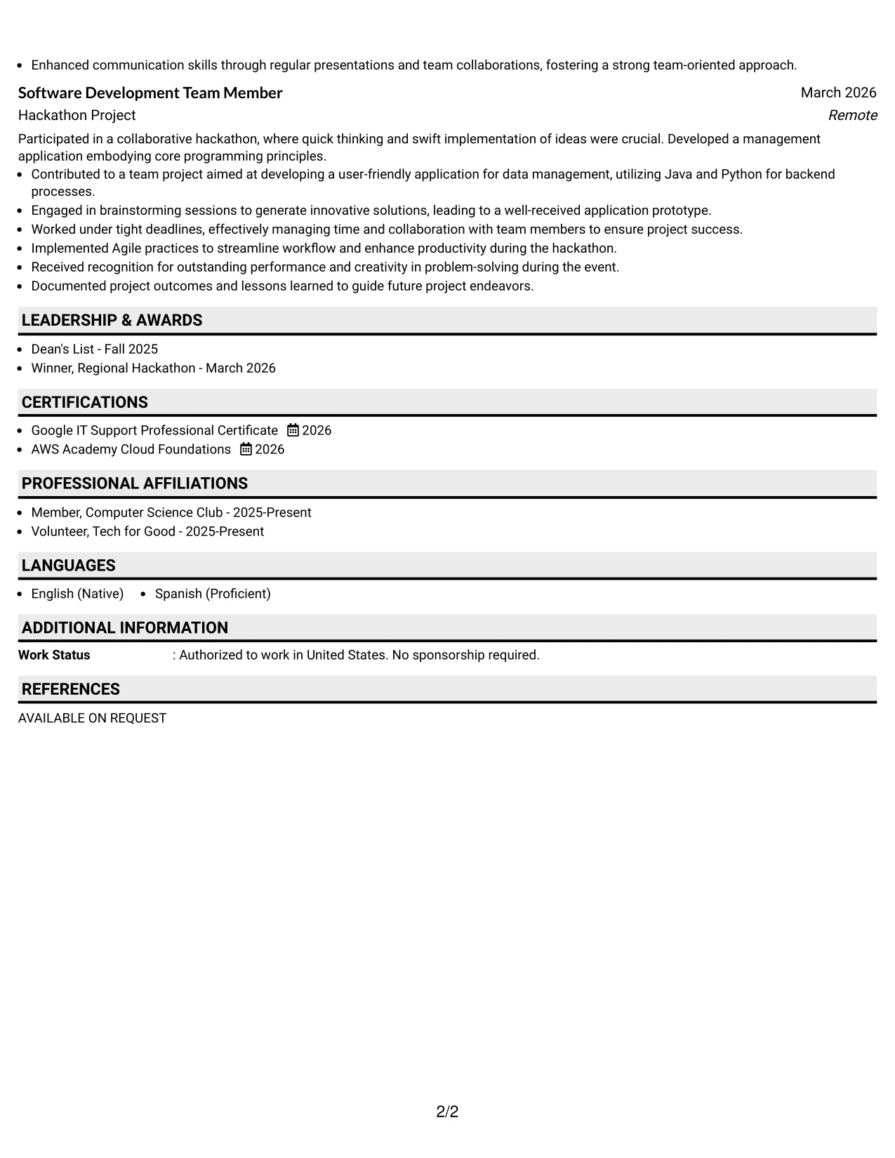 Resume Example Page 2