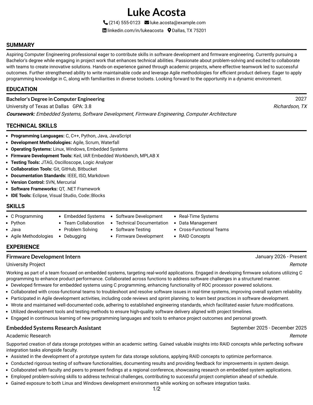 Resume Example Page 1