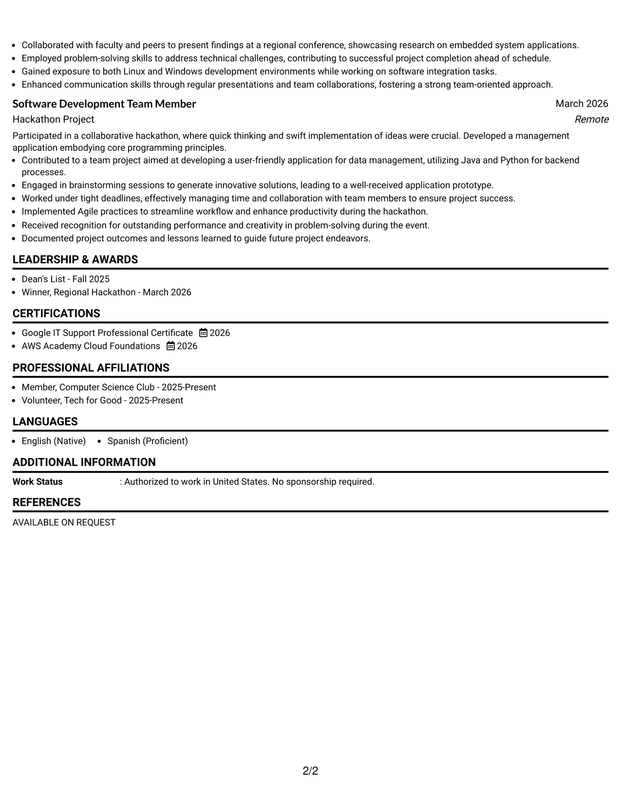 Resume Example Page 2