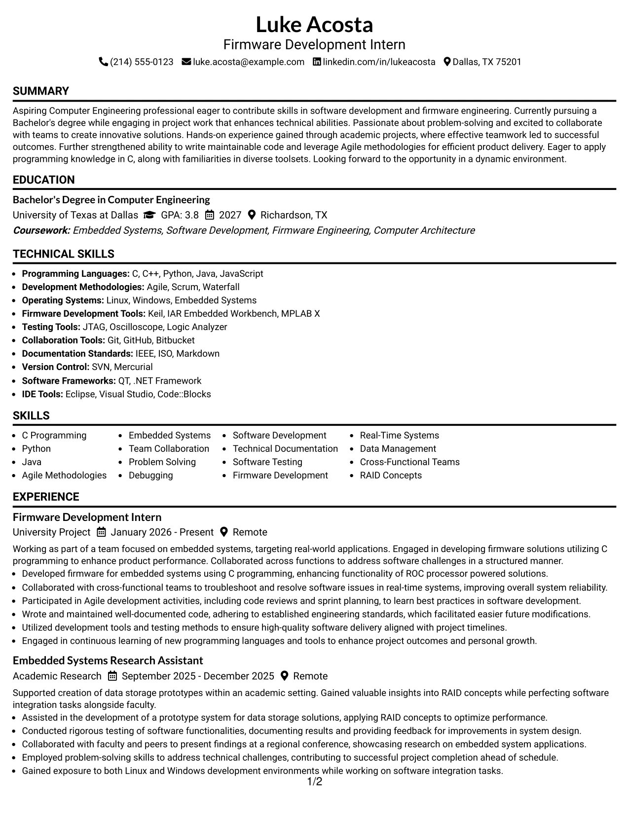 Resume Example Page 1