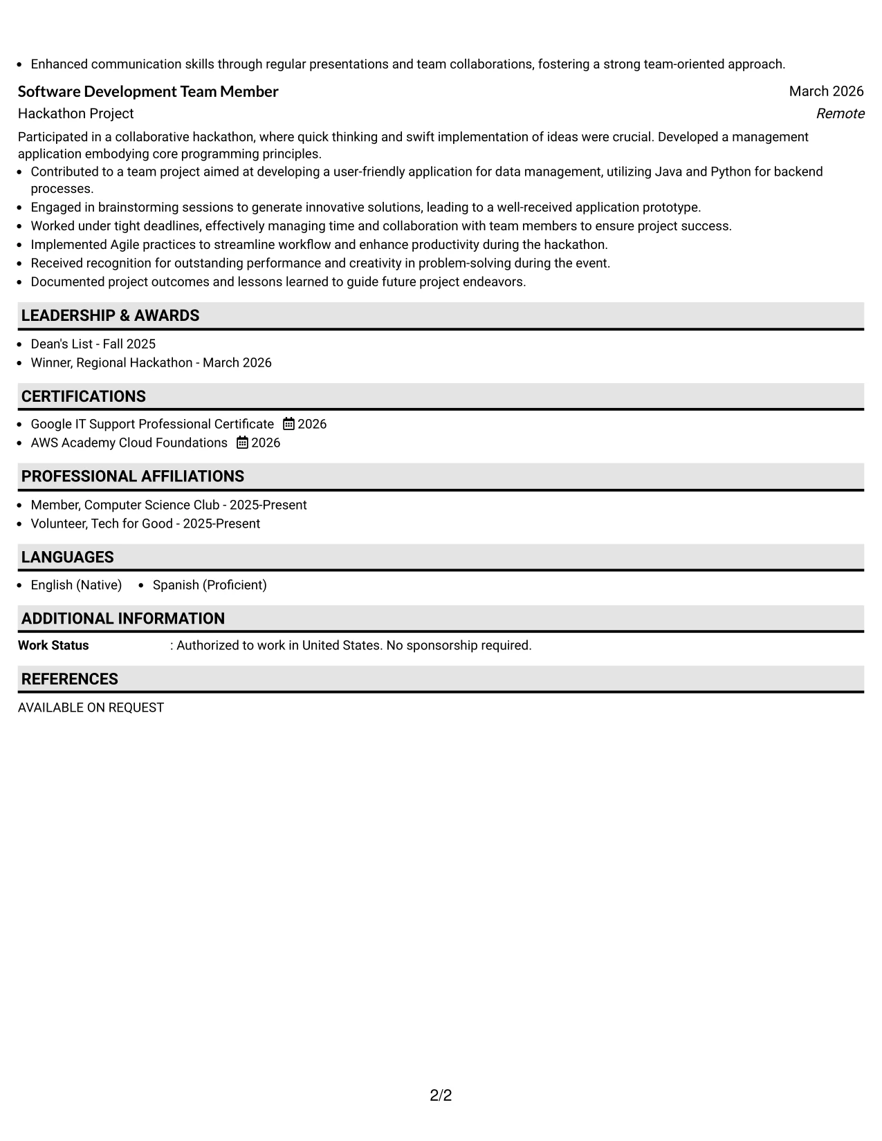 Resume Example Page 2