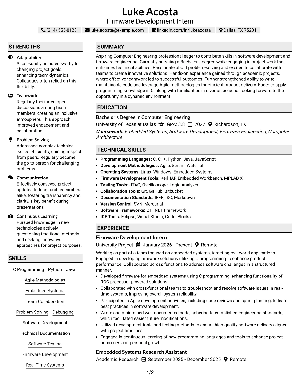 Resume Example Page 1
