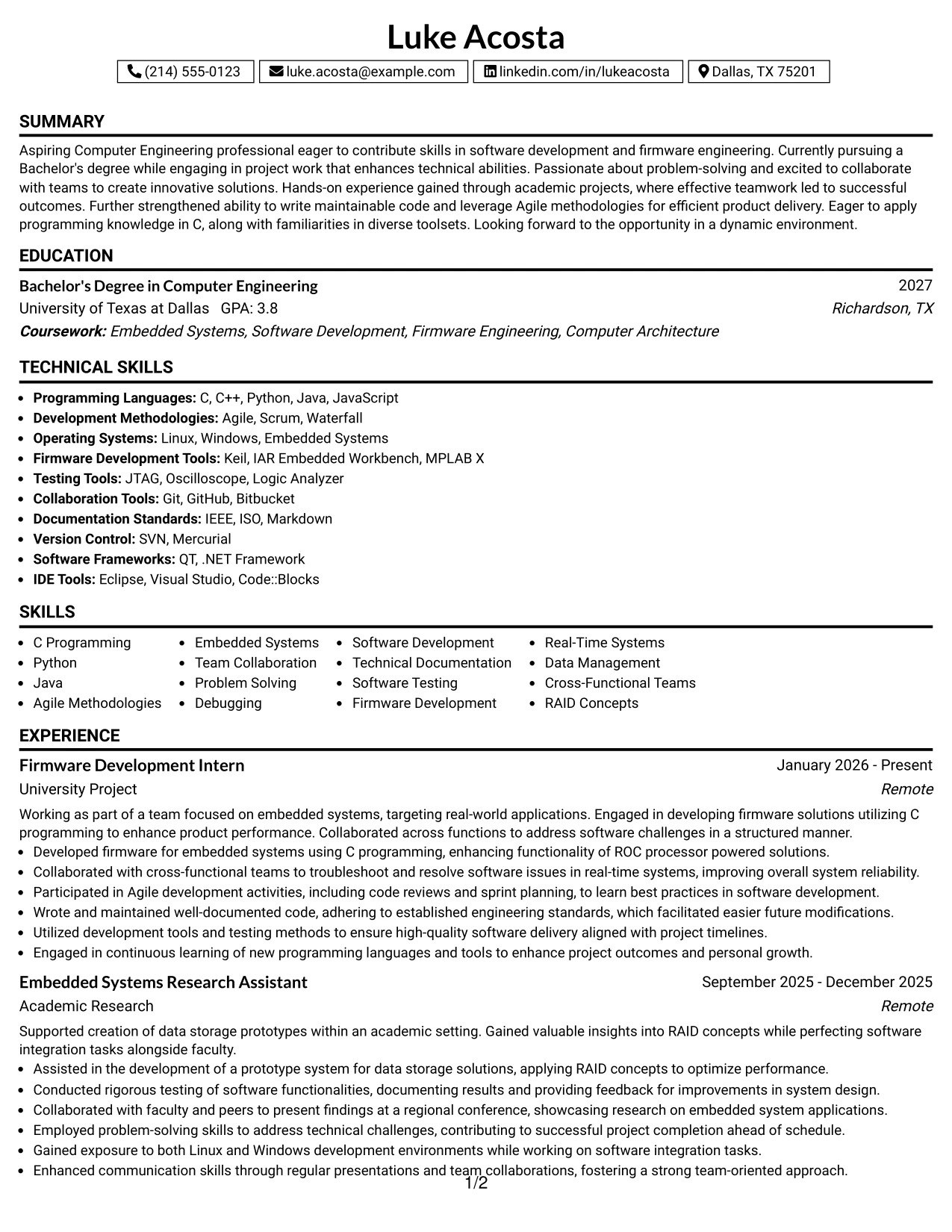 Resume Example Page 1
