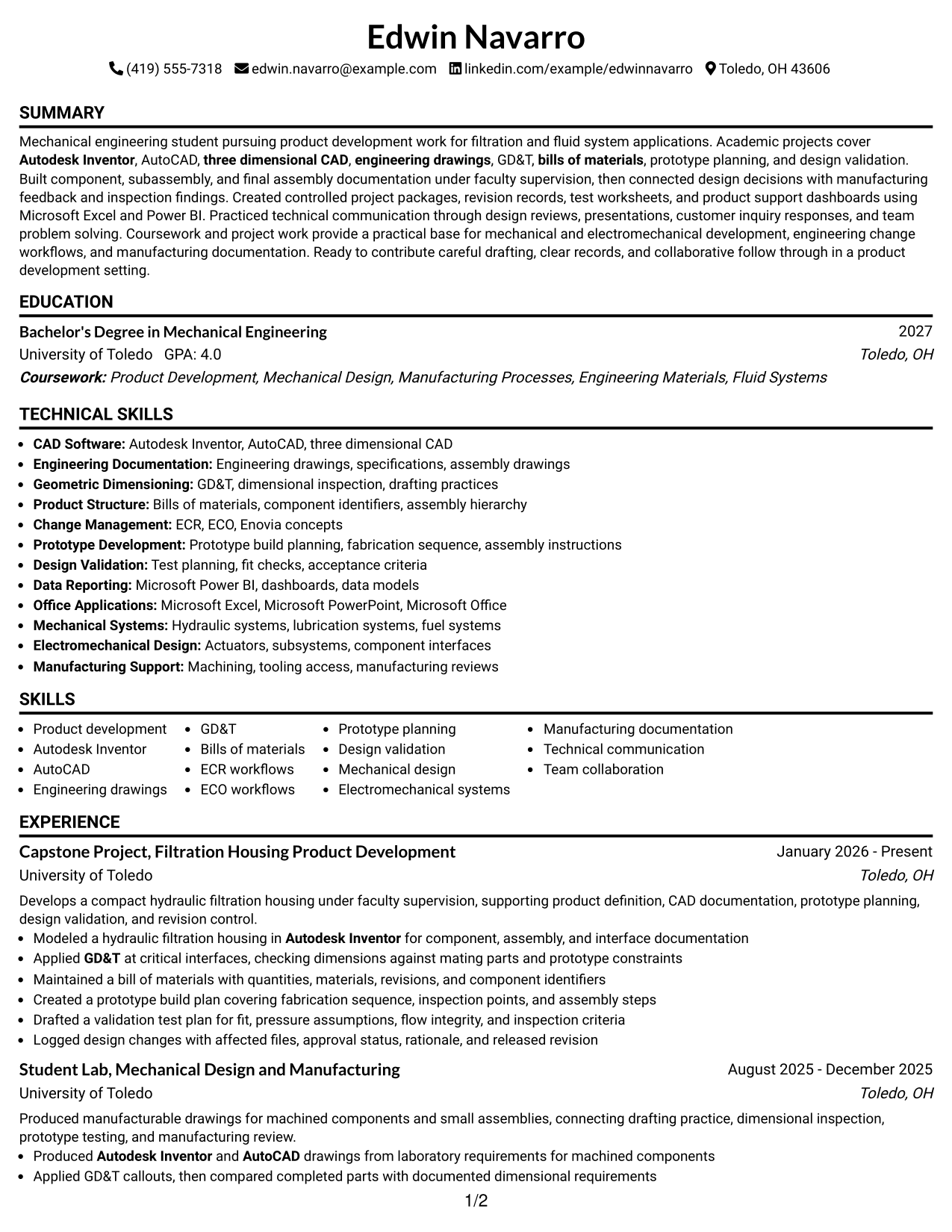 Resume Example Page 1