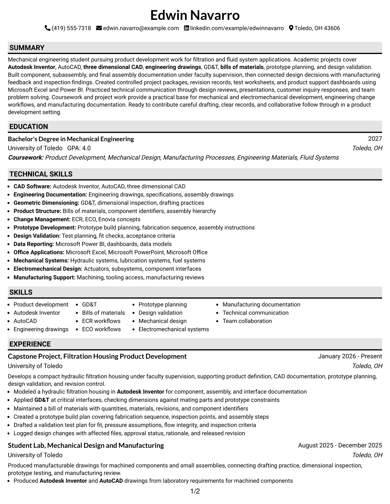 Resume Example Page 1
