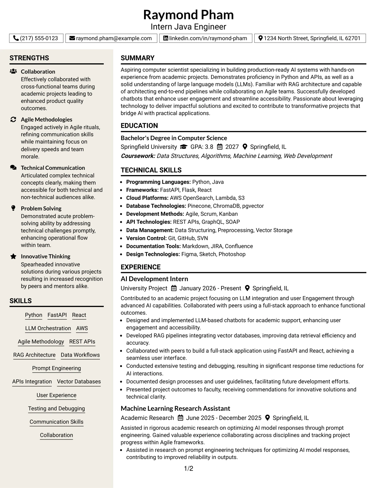 Resume Example Page 1