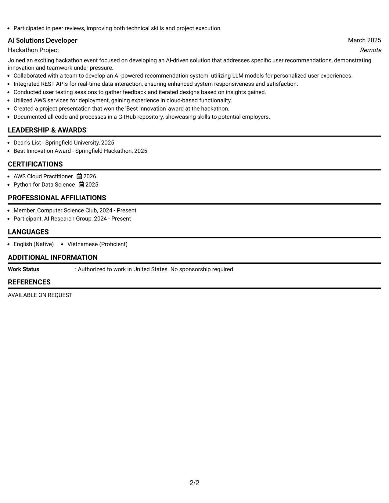 Resume Example Page 2