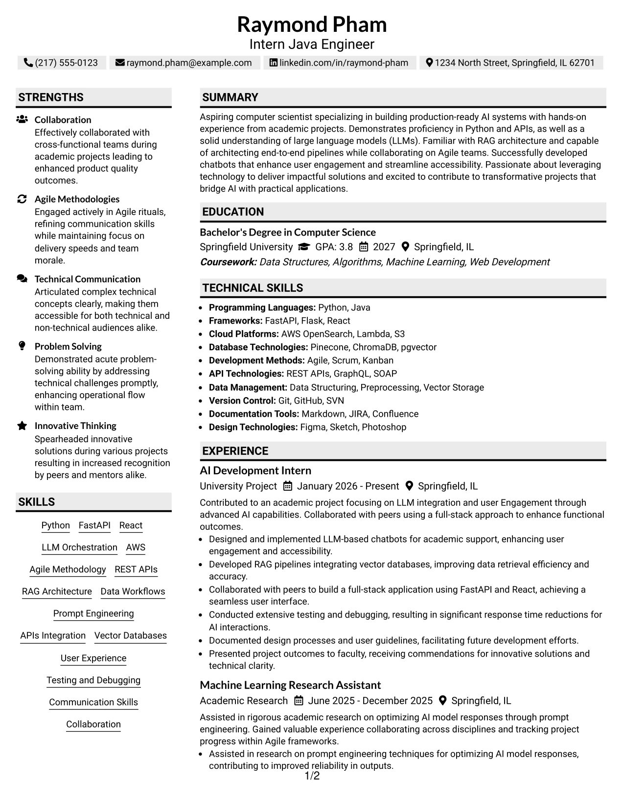 Resume Example Page 1