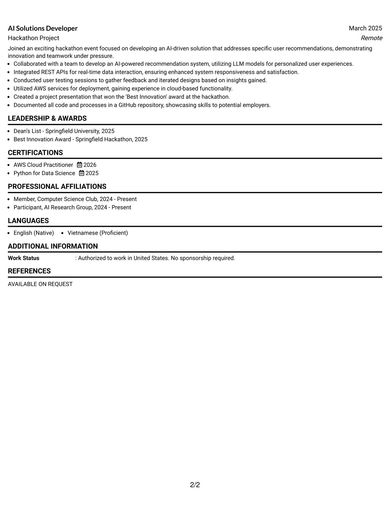 Resume Example Page 2