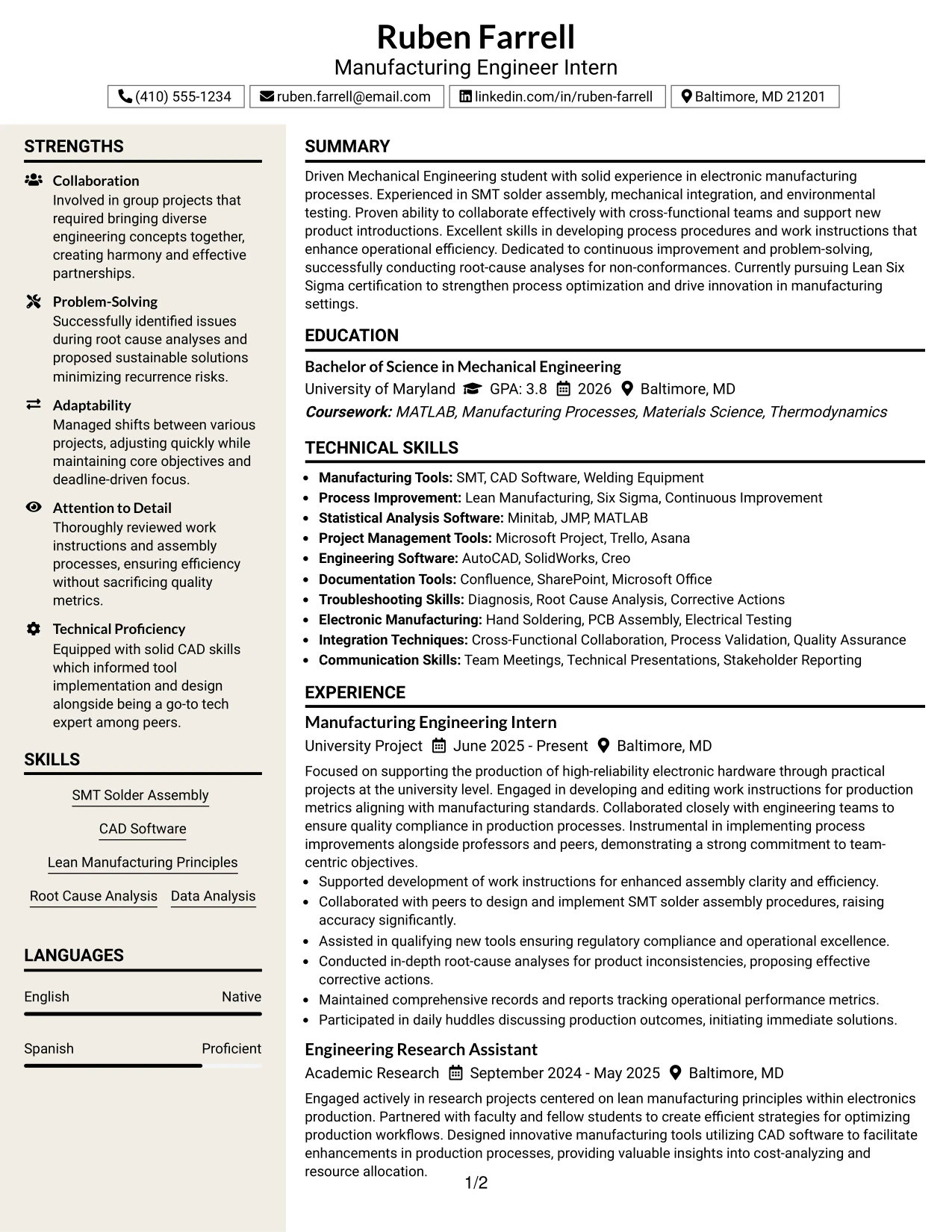 Resume Example Page 1