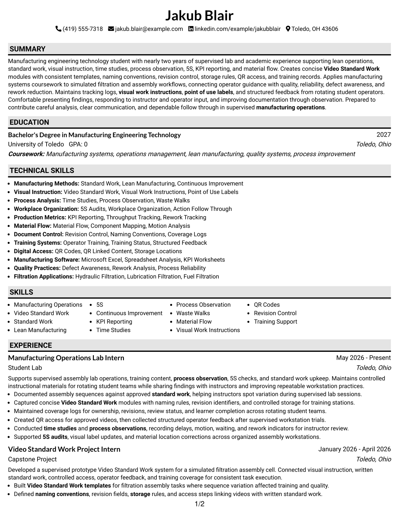 Resume Example Page 1