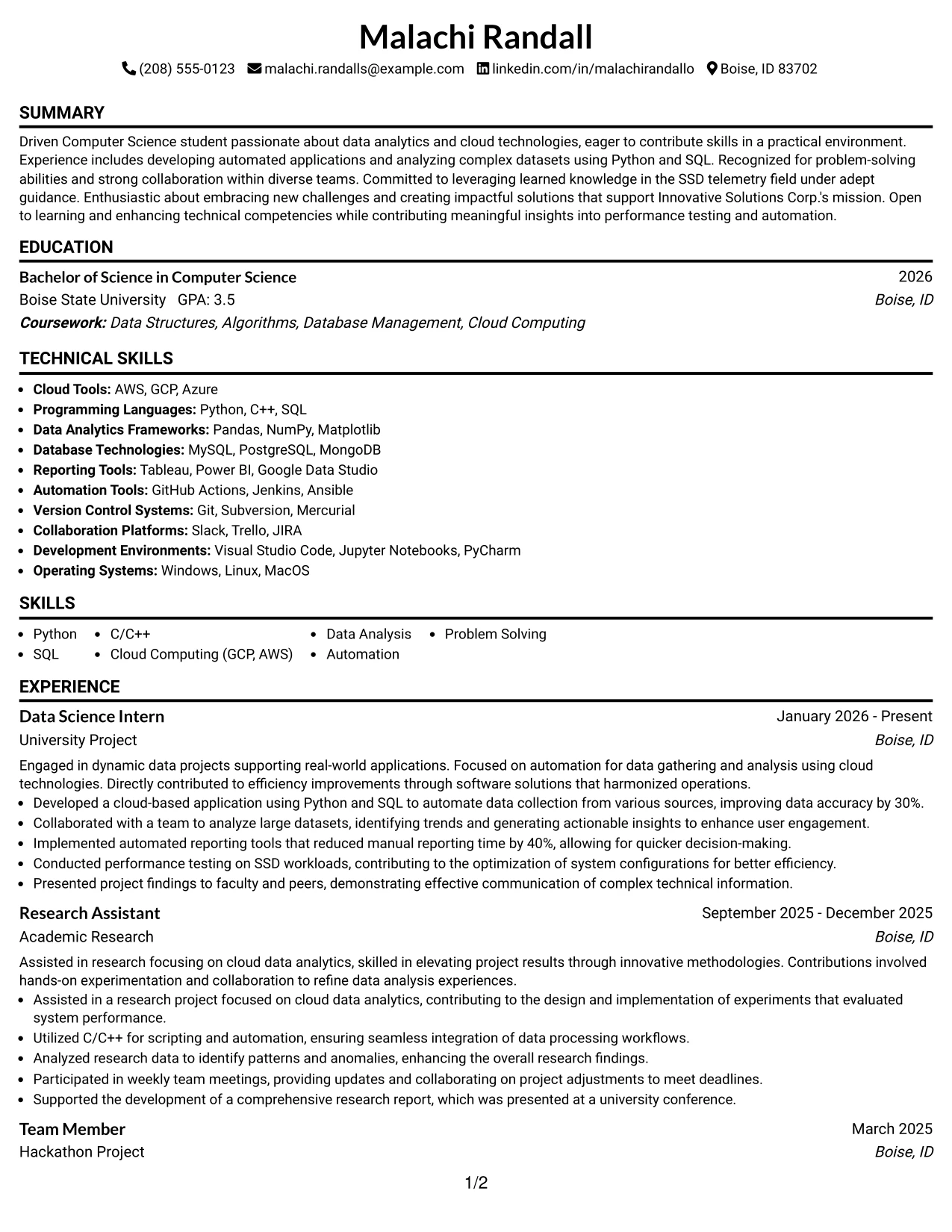 Resume Example Page 1