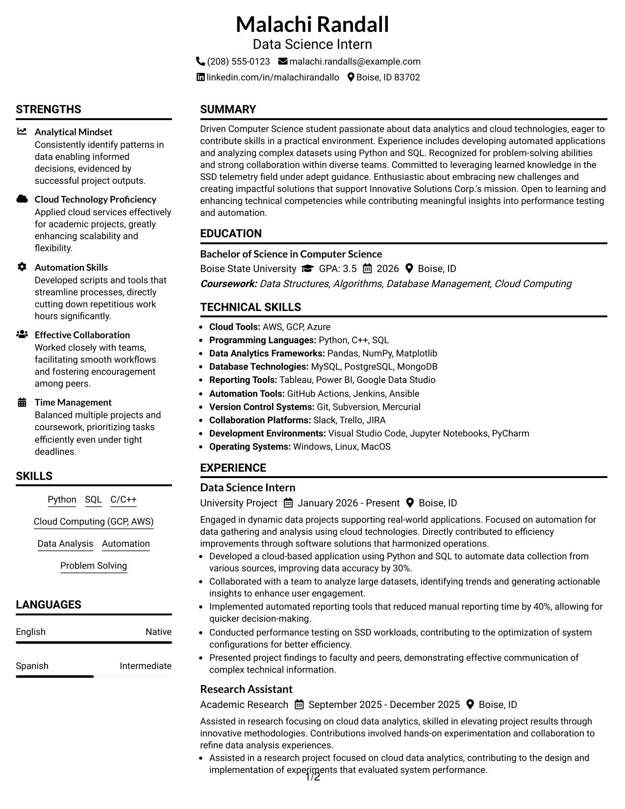 Resume Example Page 1