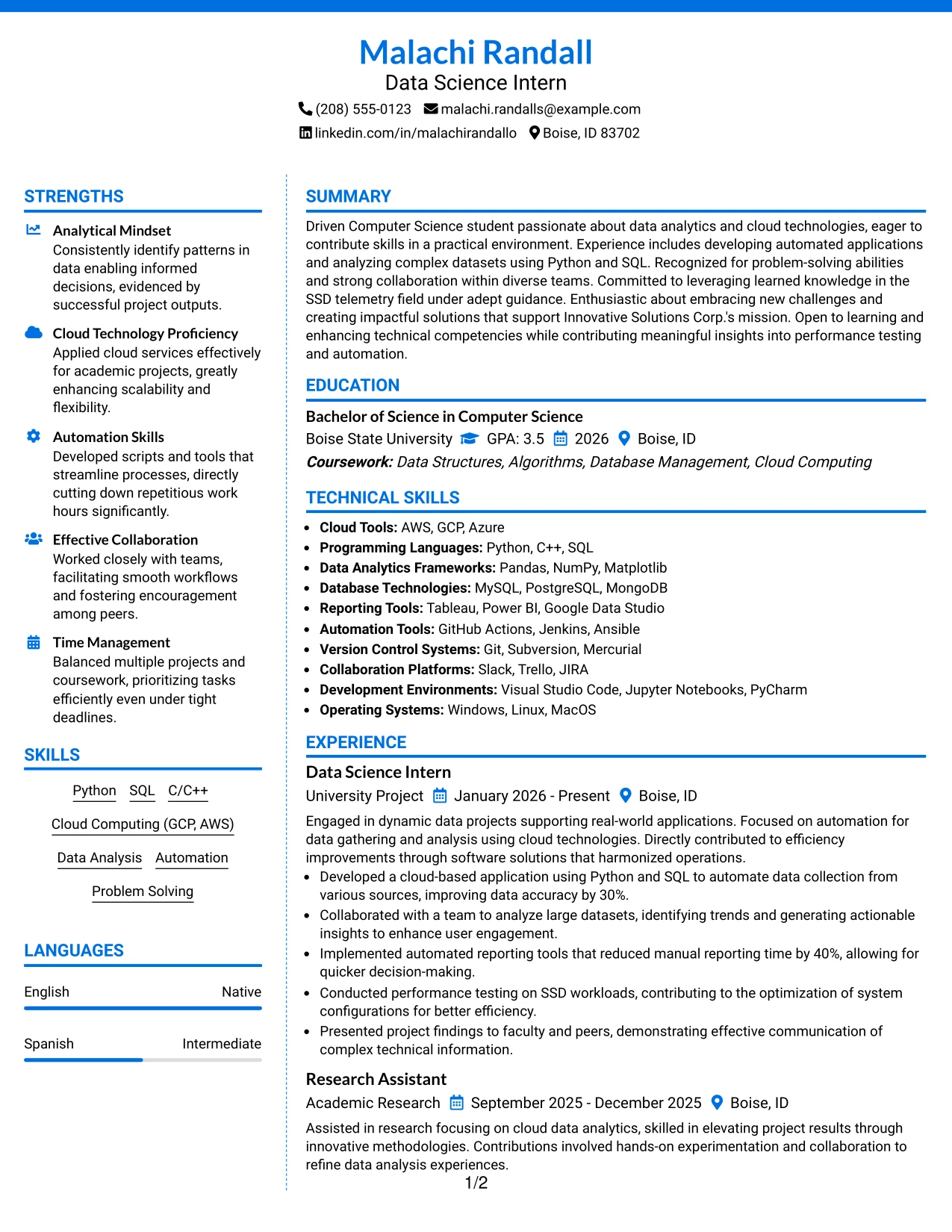 Resume Example Page 1