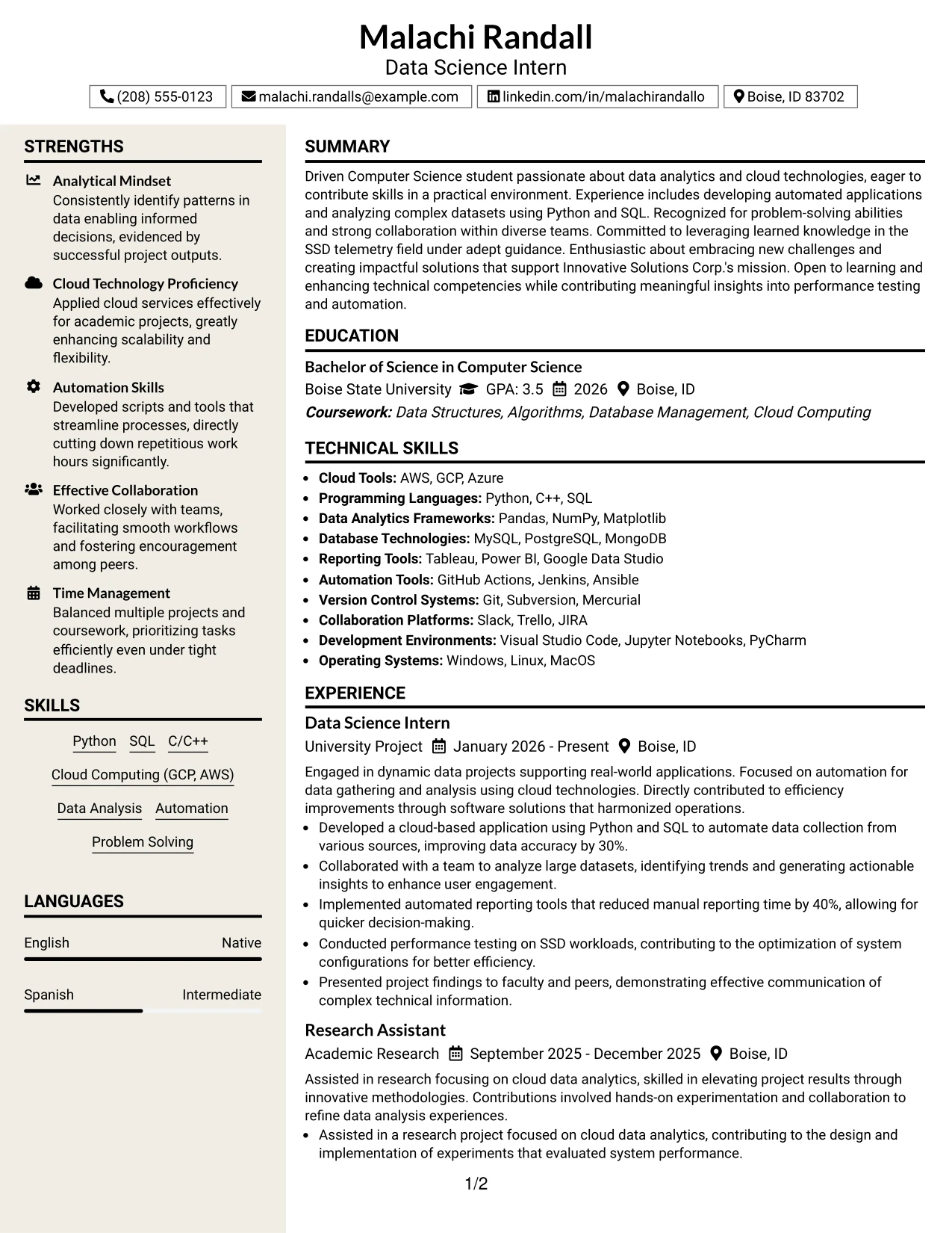 Resume Example Page 1