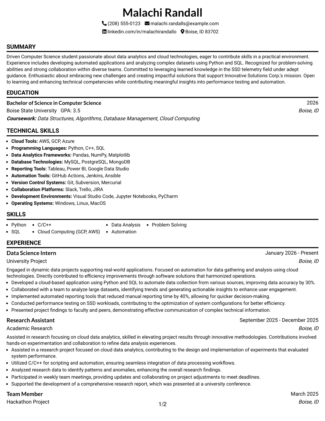 Resume Example Page 1