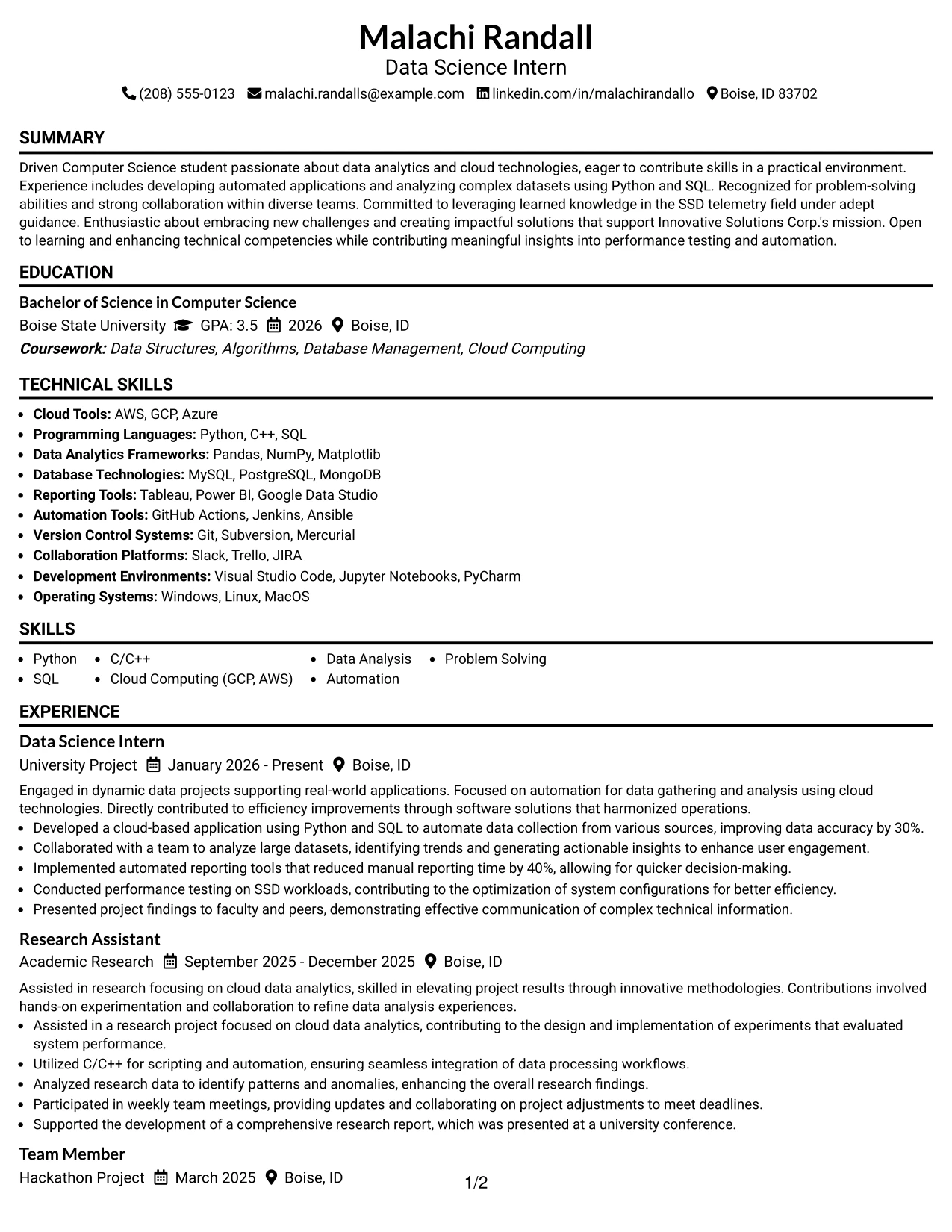 Resume Example Page 1