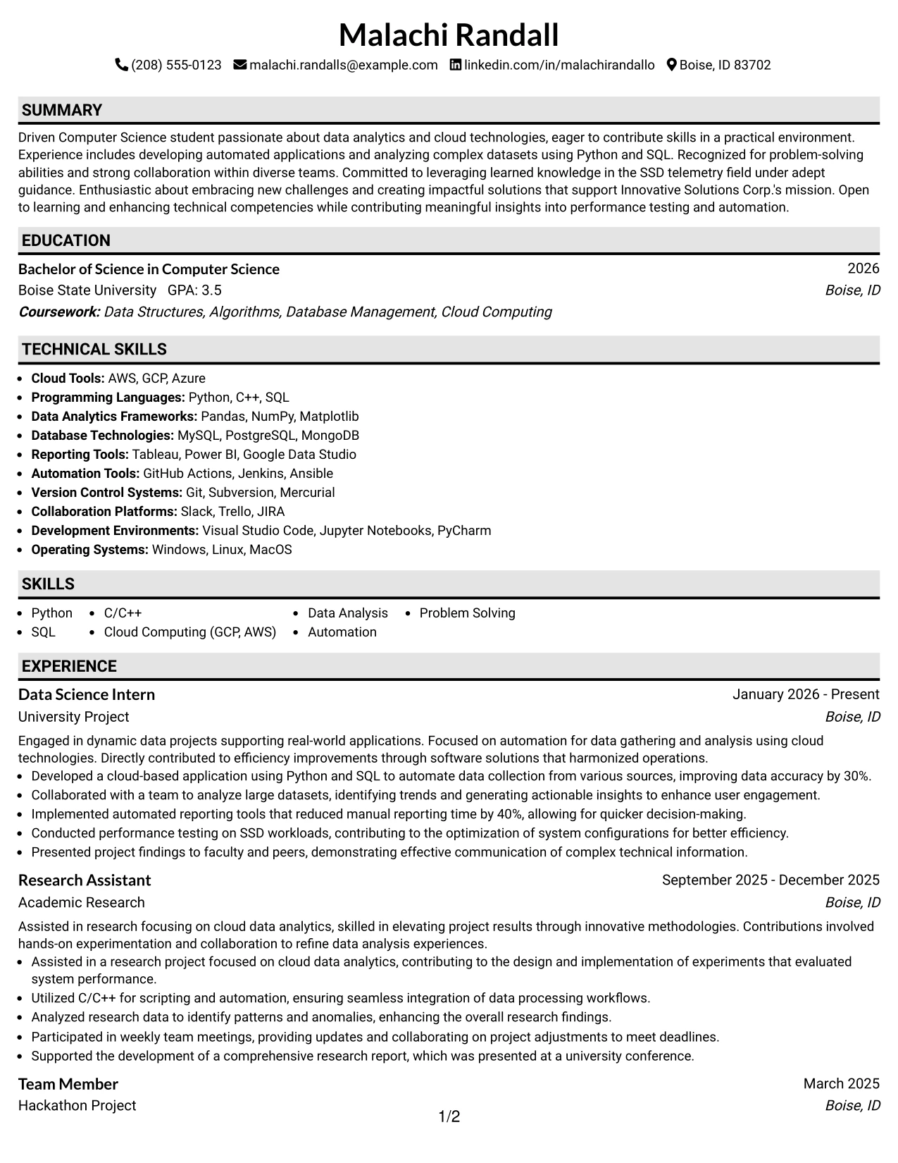 Resume Example Page 1