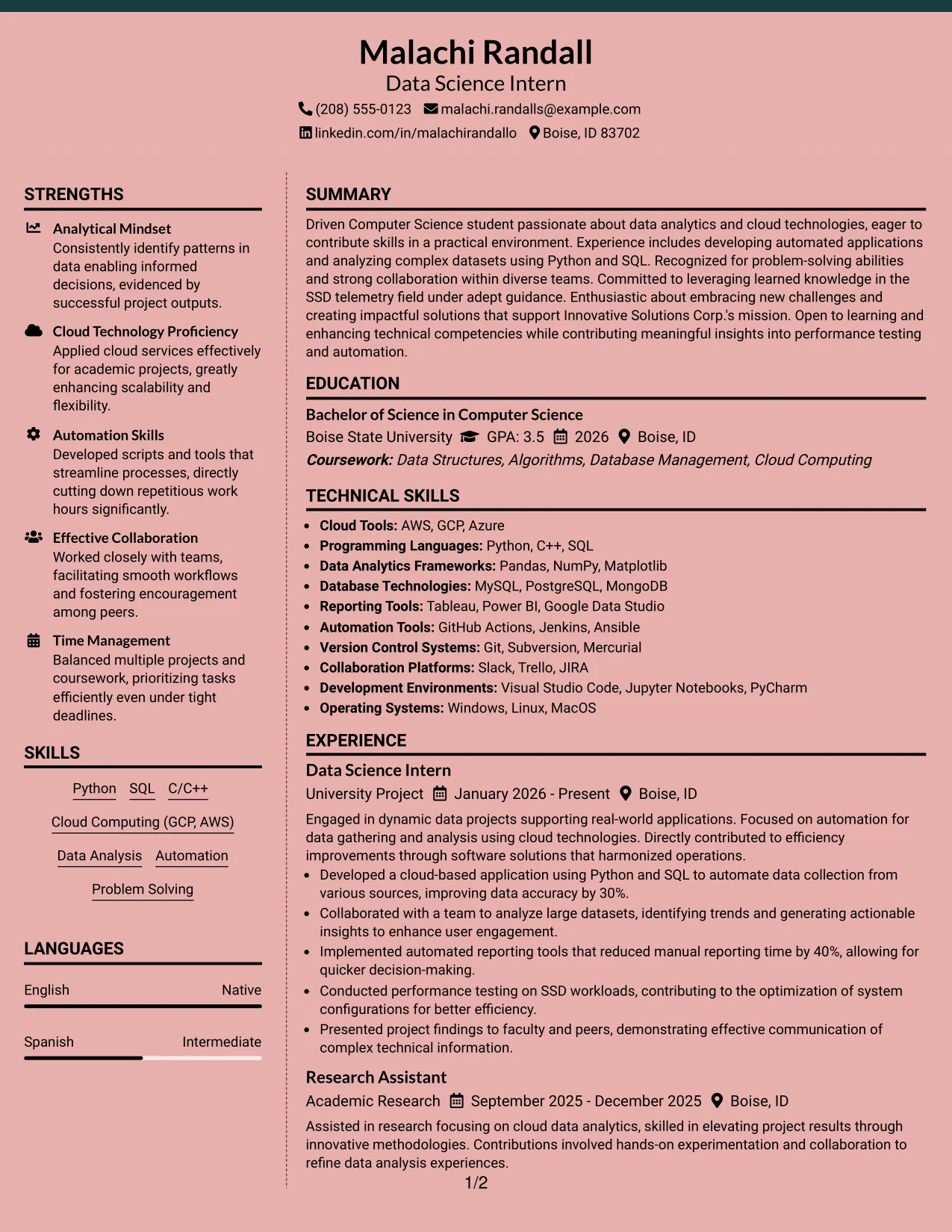 Resume Example Page 1