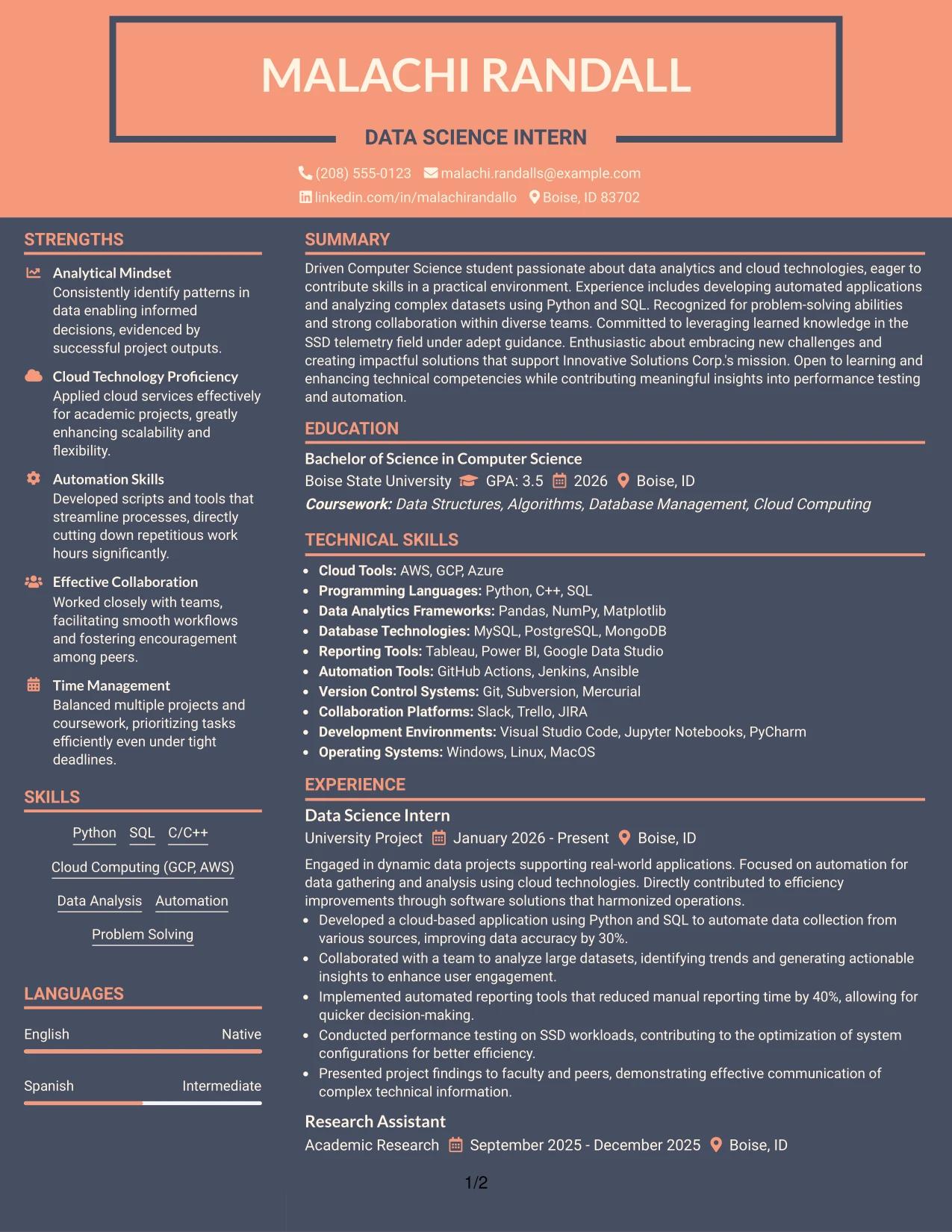 Resume Example Page 1