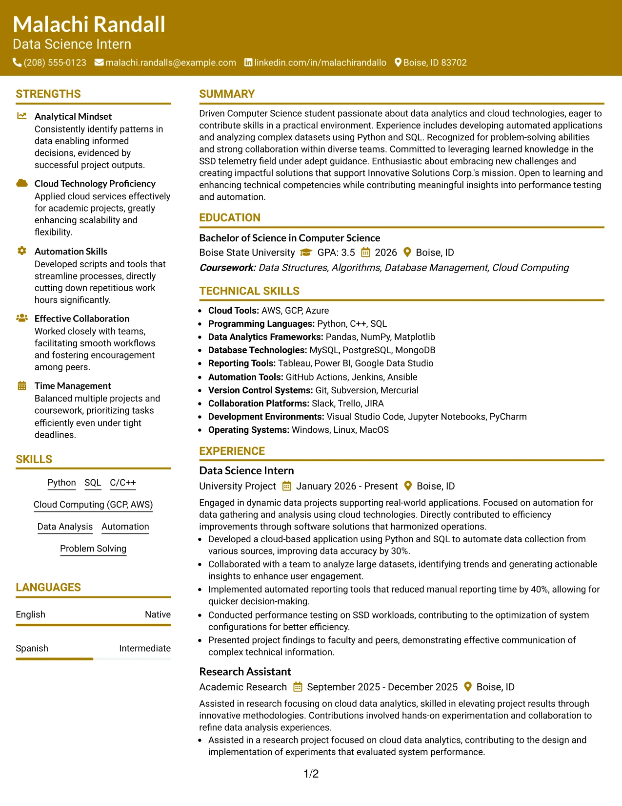 Resume Example Page 1