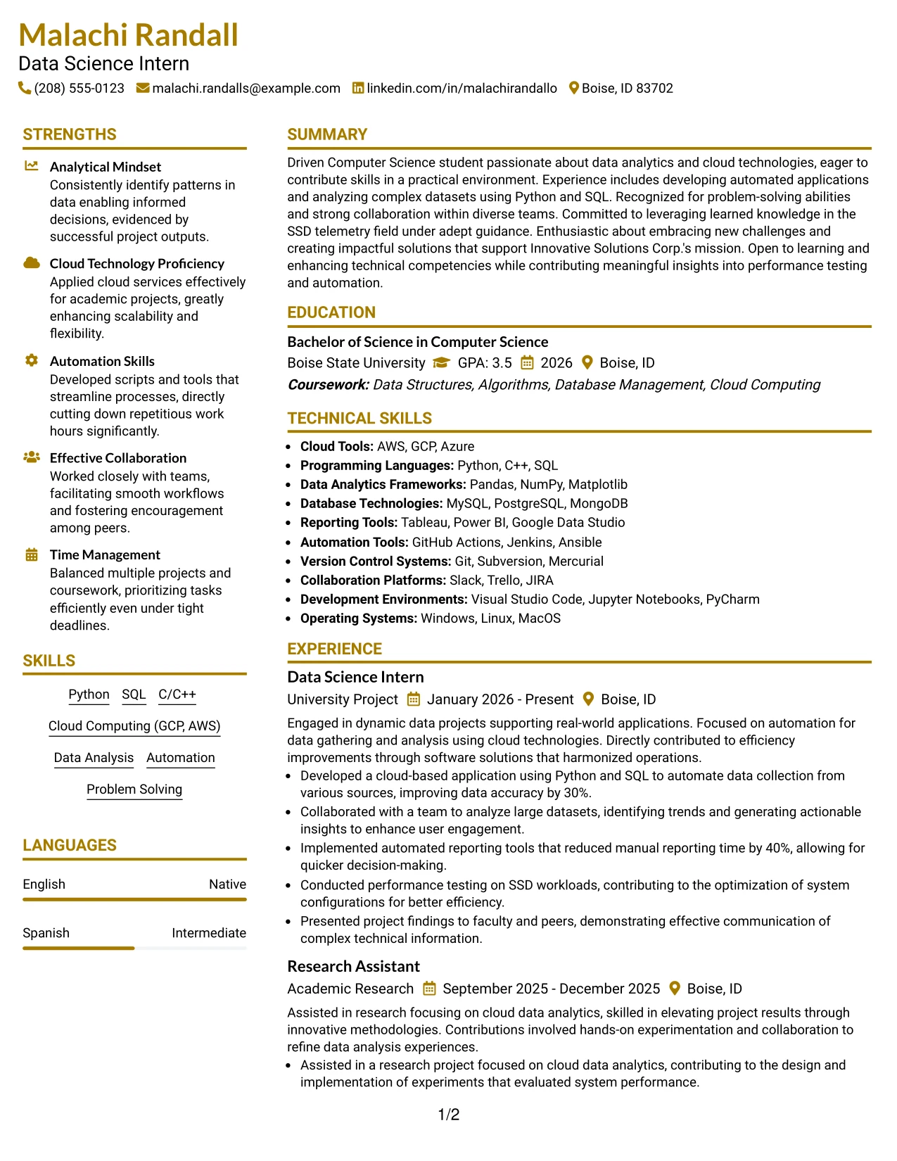 Resume Example Page 1