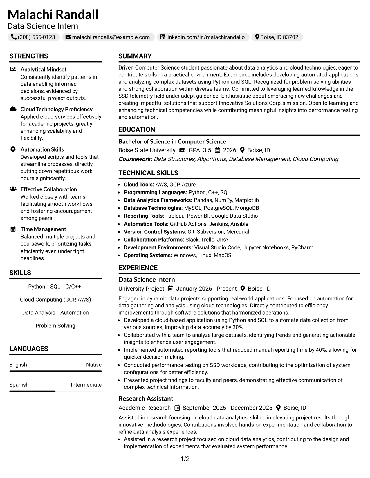 Resume Example Page 1