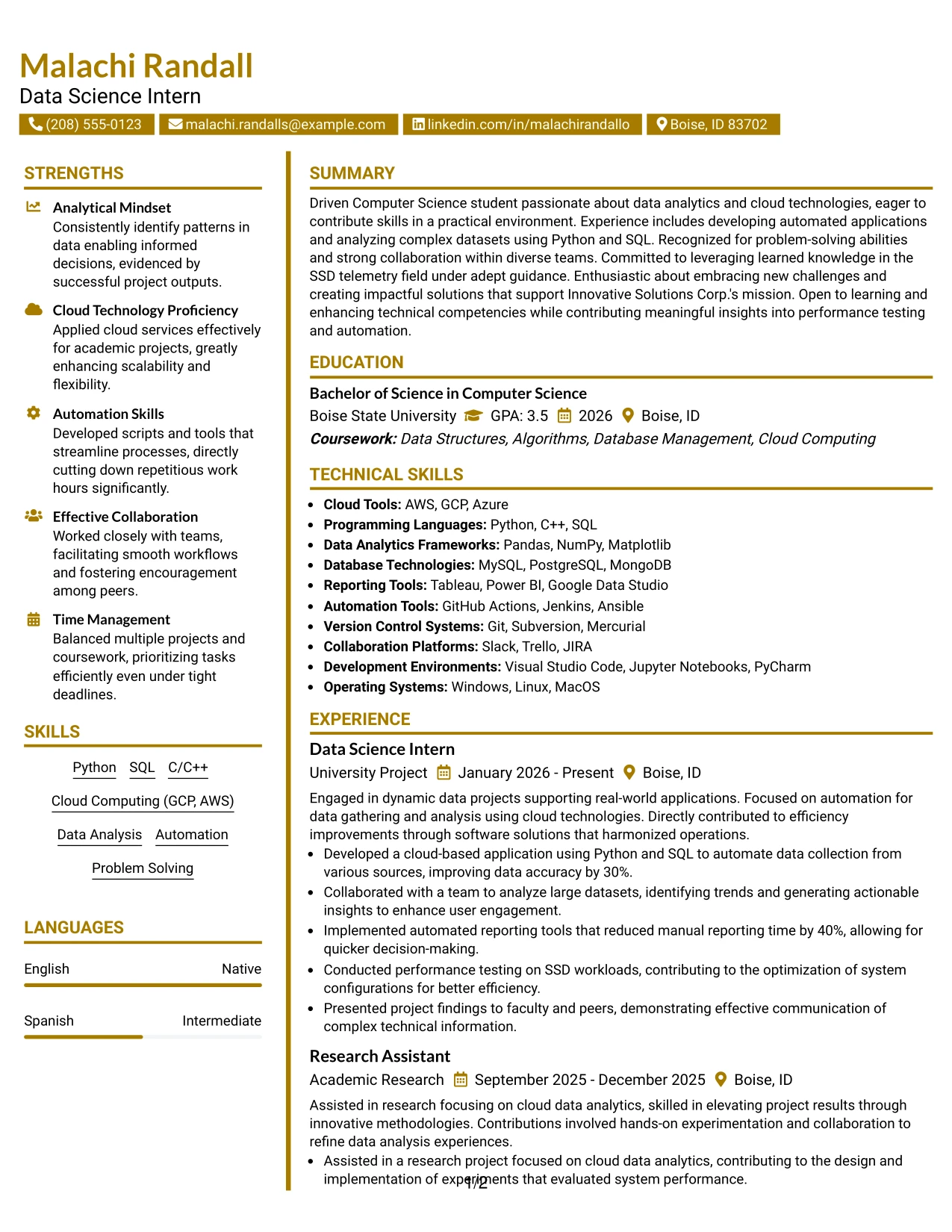 Resume Example Page 1