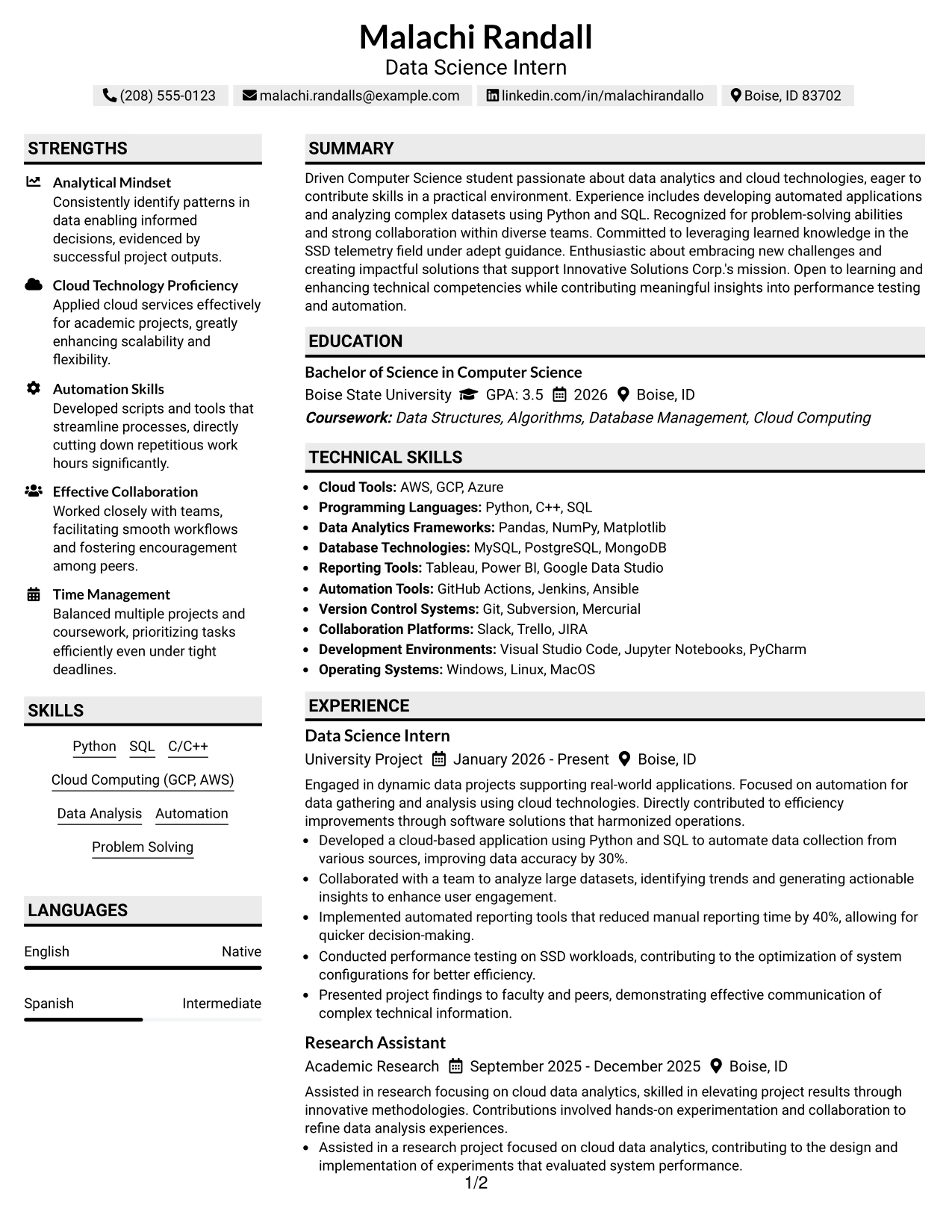 Resume Example Page 1