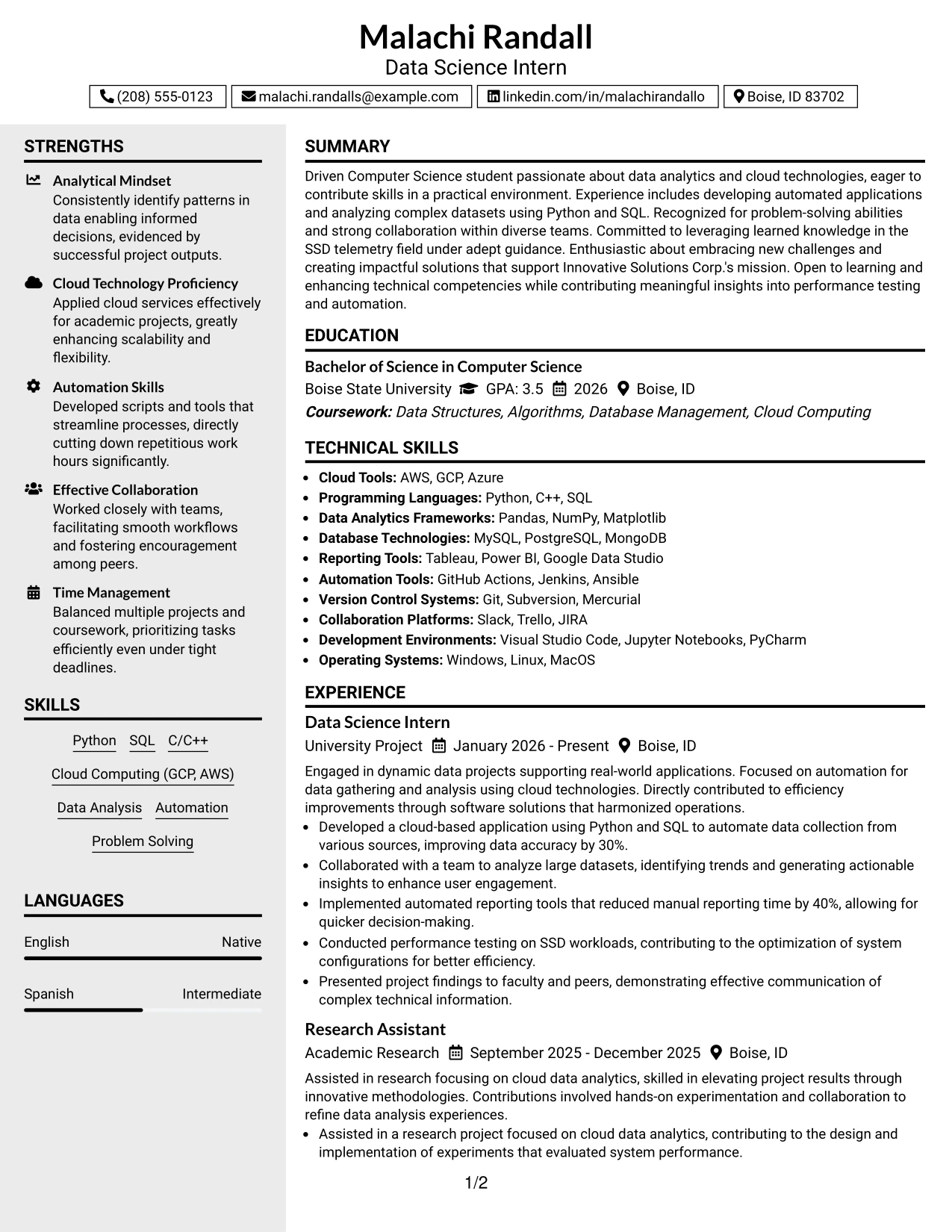 Resume Example Page 1